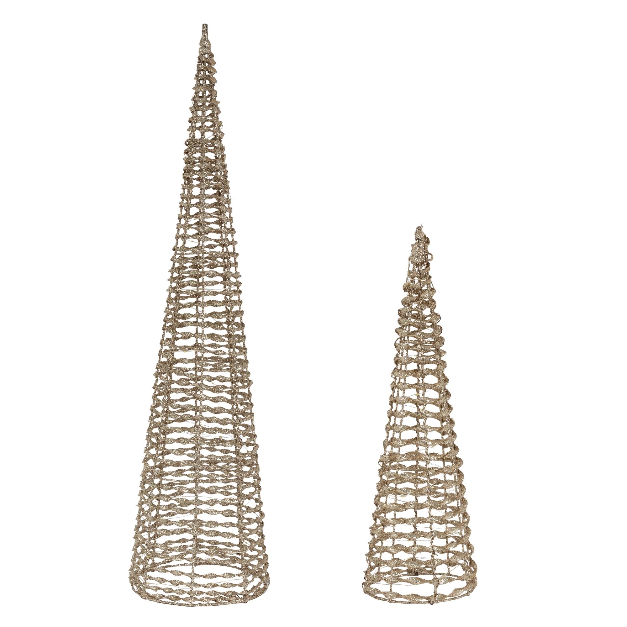 Zwei dekorative Weihnachtsbäume aus geflochtenem Material in unterschiedlichen Größen.