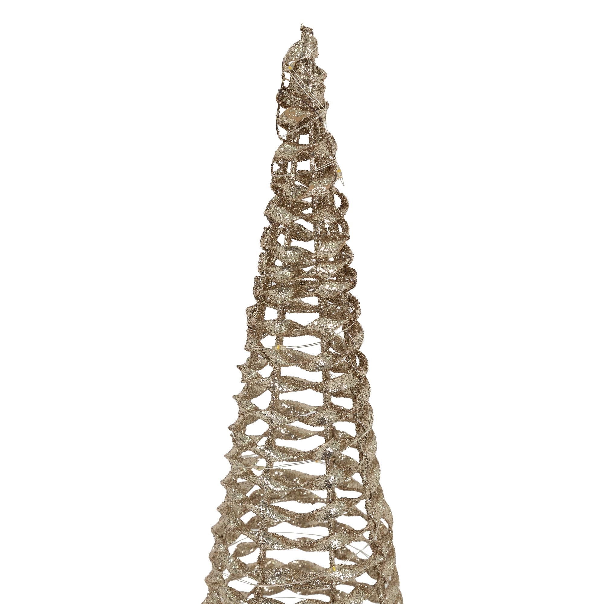Ein glitzernder Weihnachtsbaum aus Draht, auf hellem Hintergrund.
