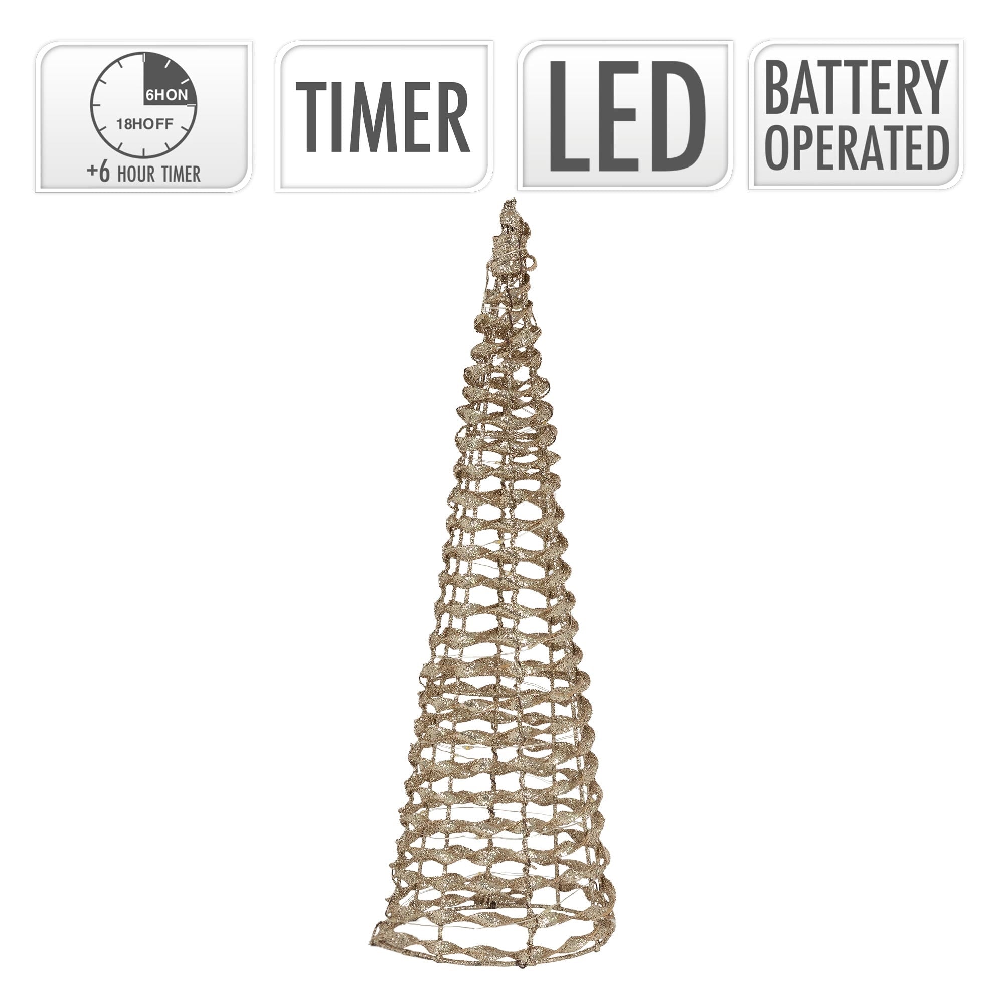 Ein dekorativer Weihnachtsbaum mit Timer, LED-Beleuchtung und Batteriebetrieb, auf einem weißen Hintergrund.