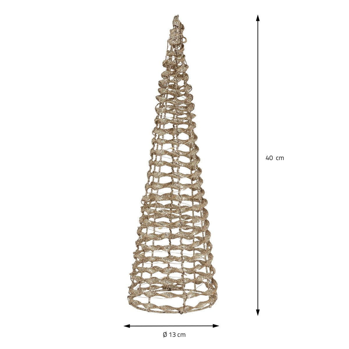 Ein dekorativer, spiralförmiger Weihnachtsbaum aus geflochtenem Material, 40 cm hoch und 13 cm breit.