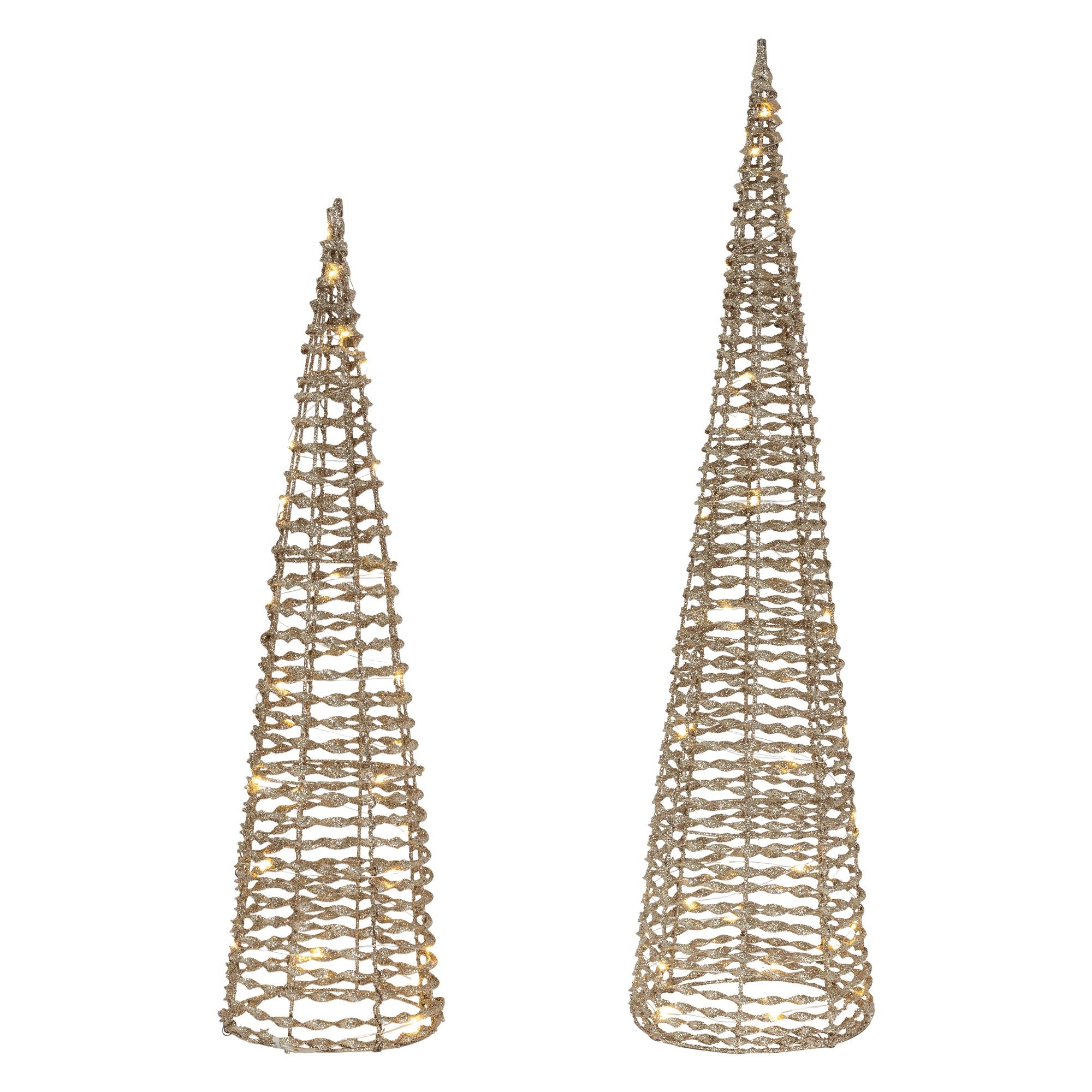 Deux objets décoratifs en forme de cône en fil avec des lumières.