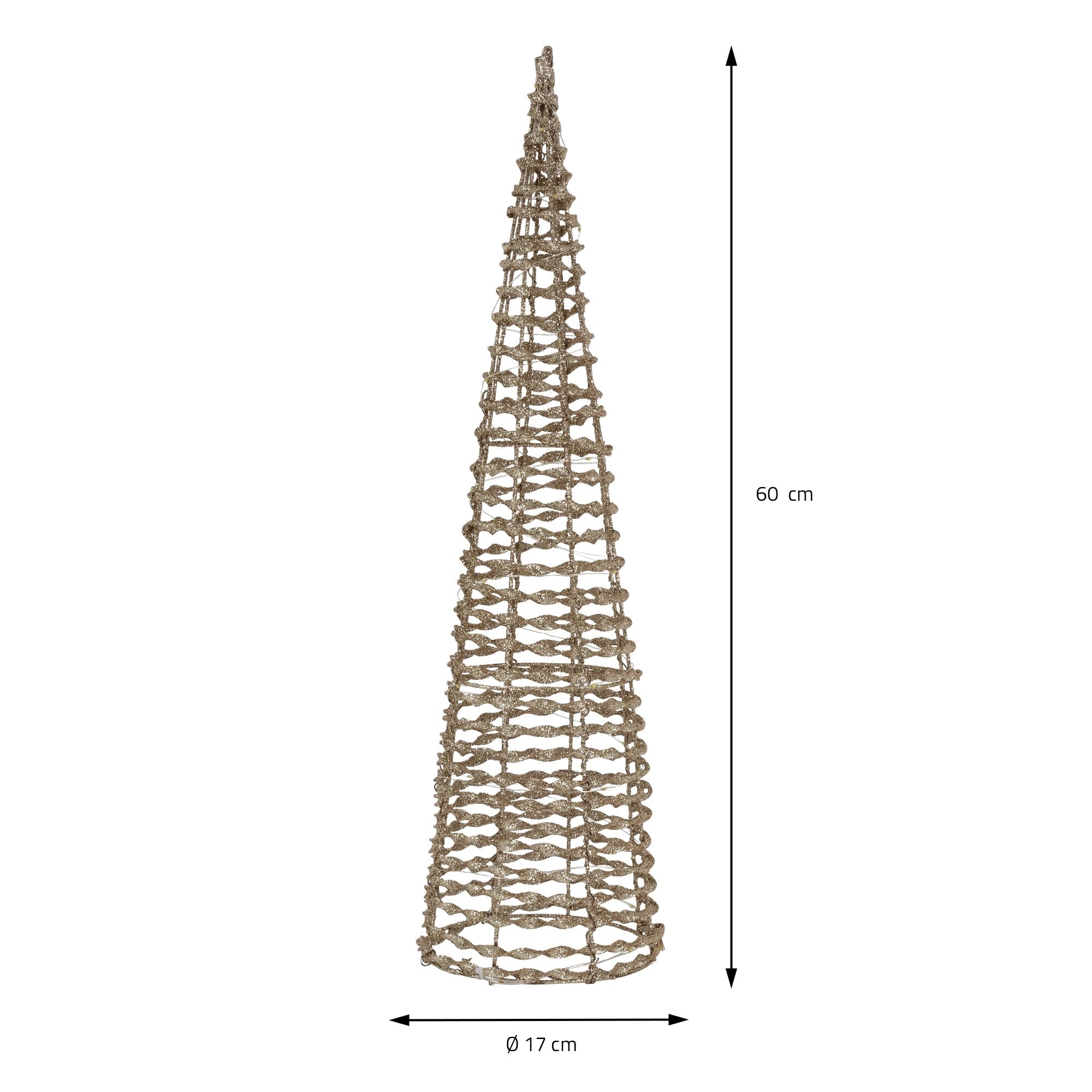 Un sapin décoratif en fil de fer, haut de 60 cm et d'un diamètre de 17 cm.