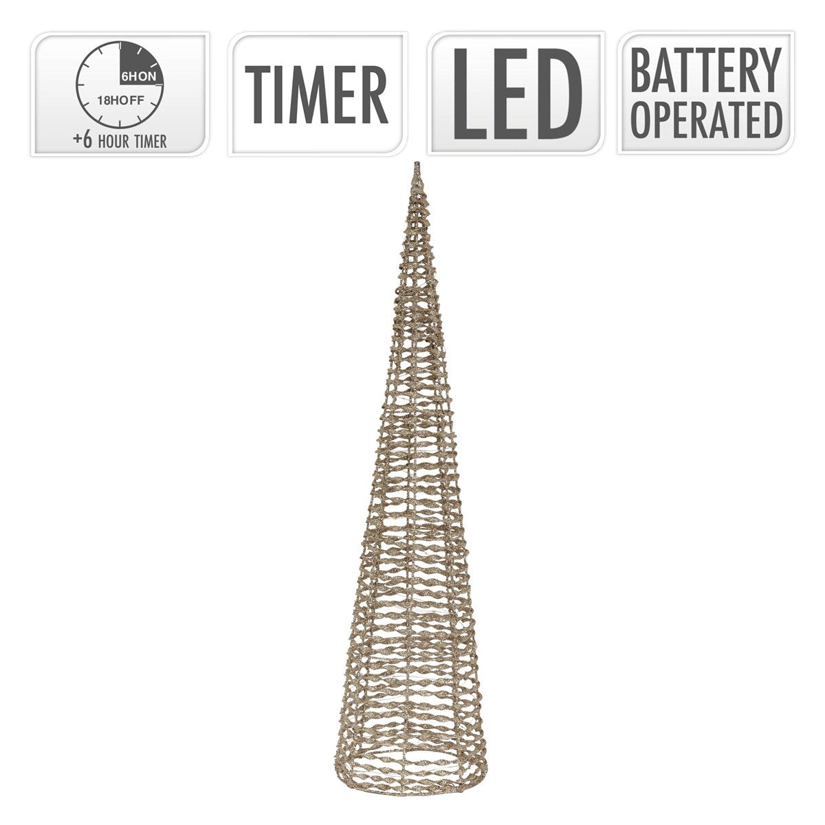 Albero di Natale decorativo in filo metallico, illuminato a LED, con timer e alimentazione a batterie.