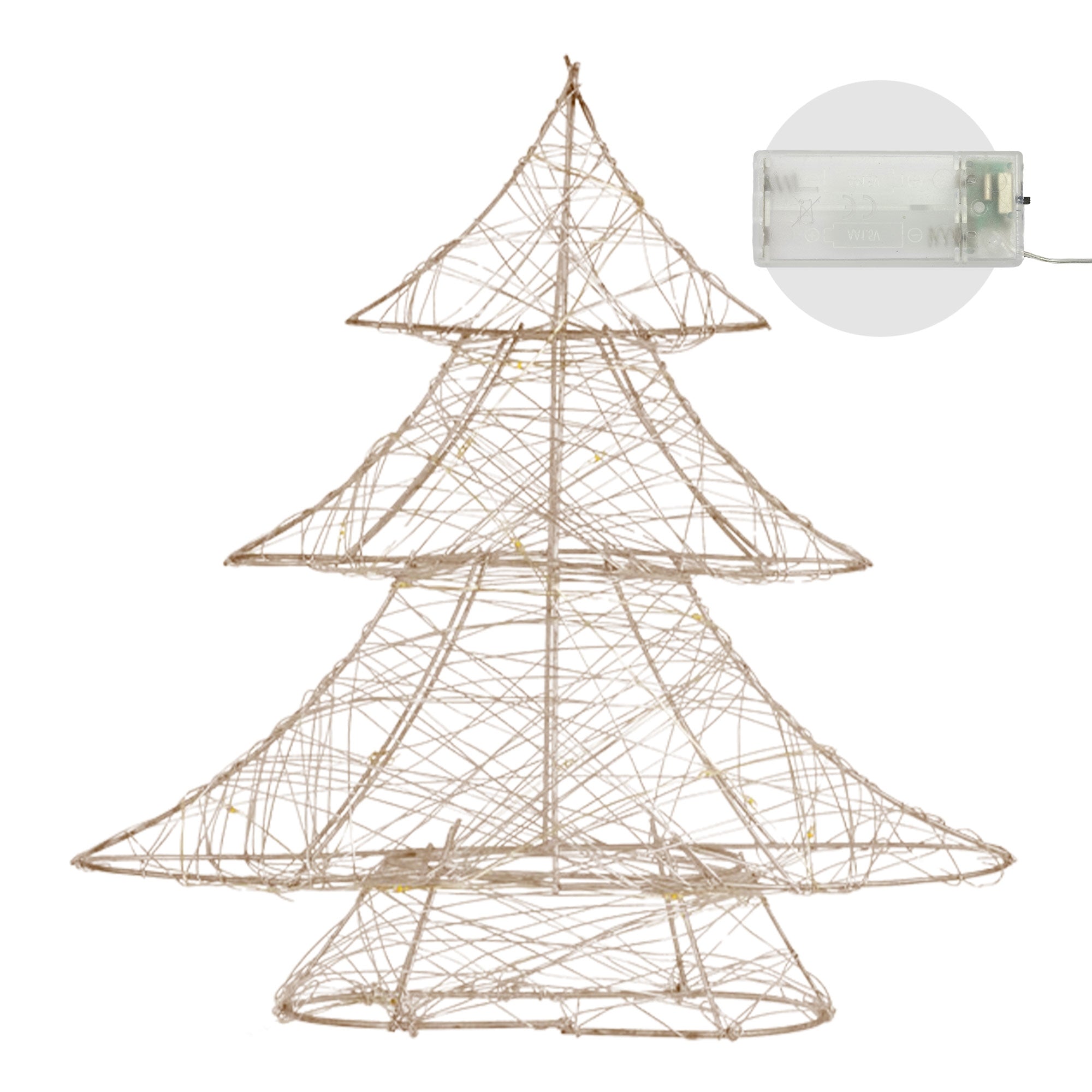 Ein dekorativer Weihnachtsbaum aus geflochtenem Material mit Lichtern.