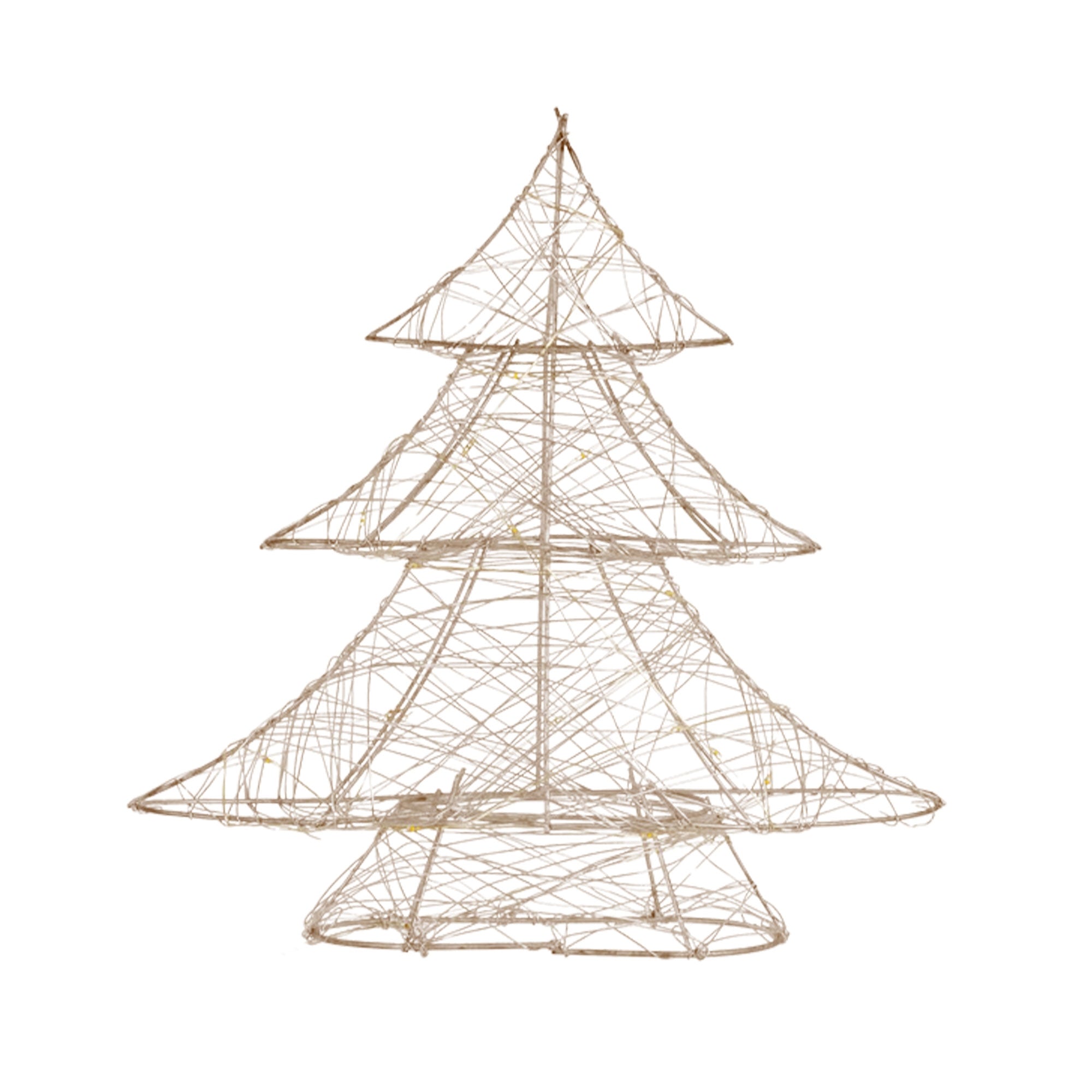 Ein großer Draht-Weihnachtsbaum mit einer offenen, luftigen Struktur.