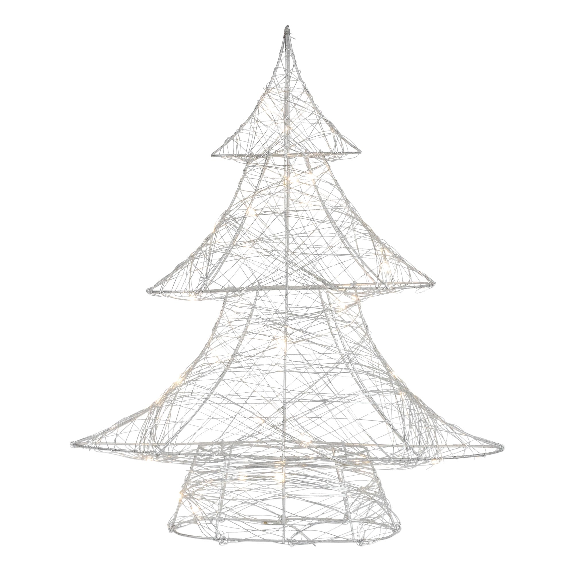 Wire tree in the shape of a Christmas tree with warm white lights.