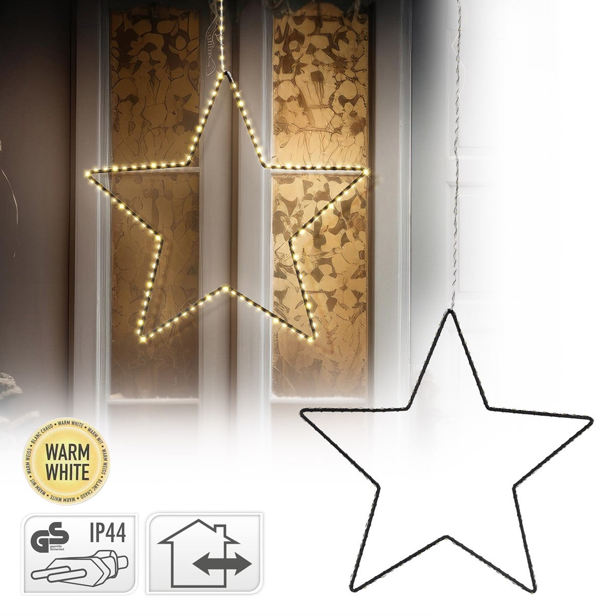 Leuchtender Drahtstern mit warmweißen Lichtern vor einem Fenster.