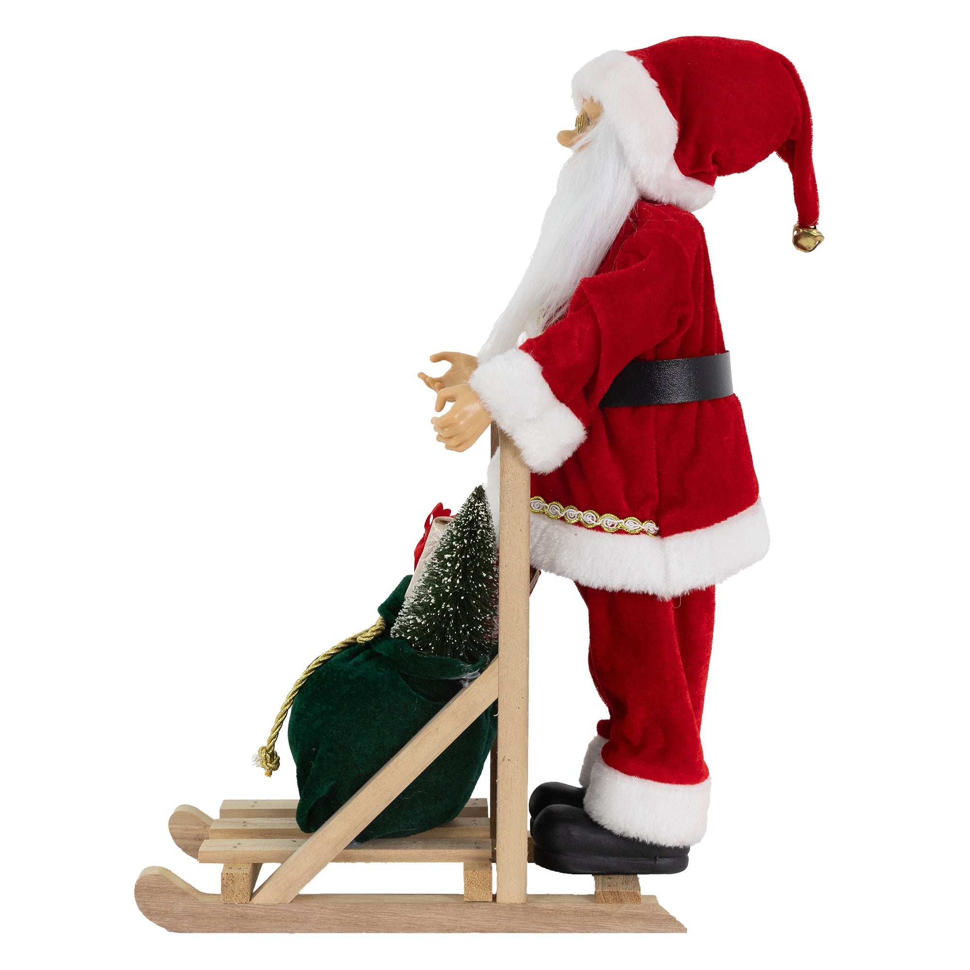 Weihnachtsmann in rotem Anzug auf einem Schlitten mit einem Sack.