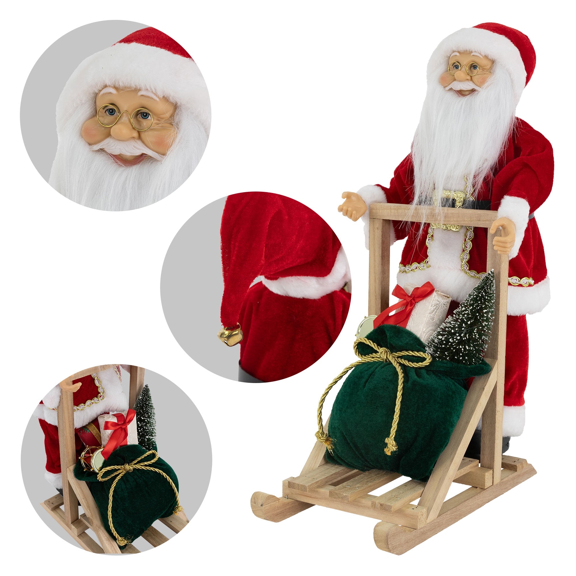 Weihnachtsmannfigur auf einem Schlitten mit Geschenken und Tannenbaum.