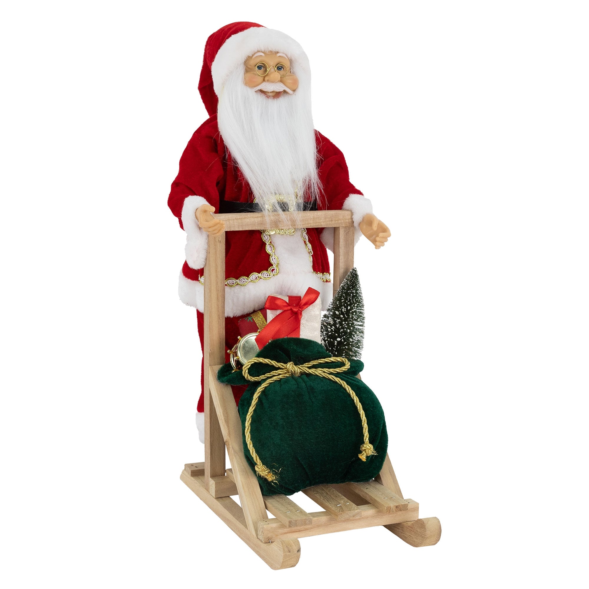 Ein Weihnachtsmann auf einem Schlitten mit Geschenken und einem kleinen Baum.