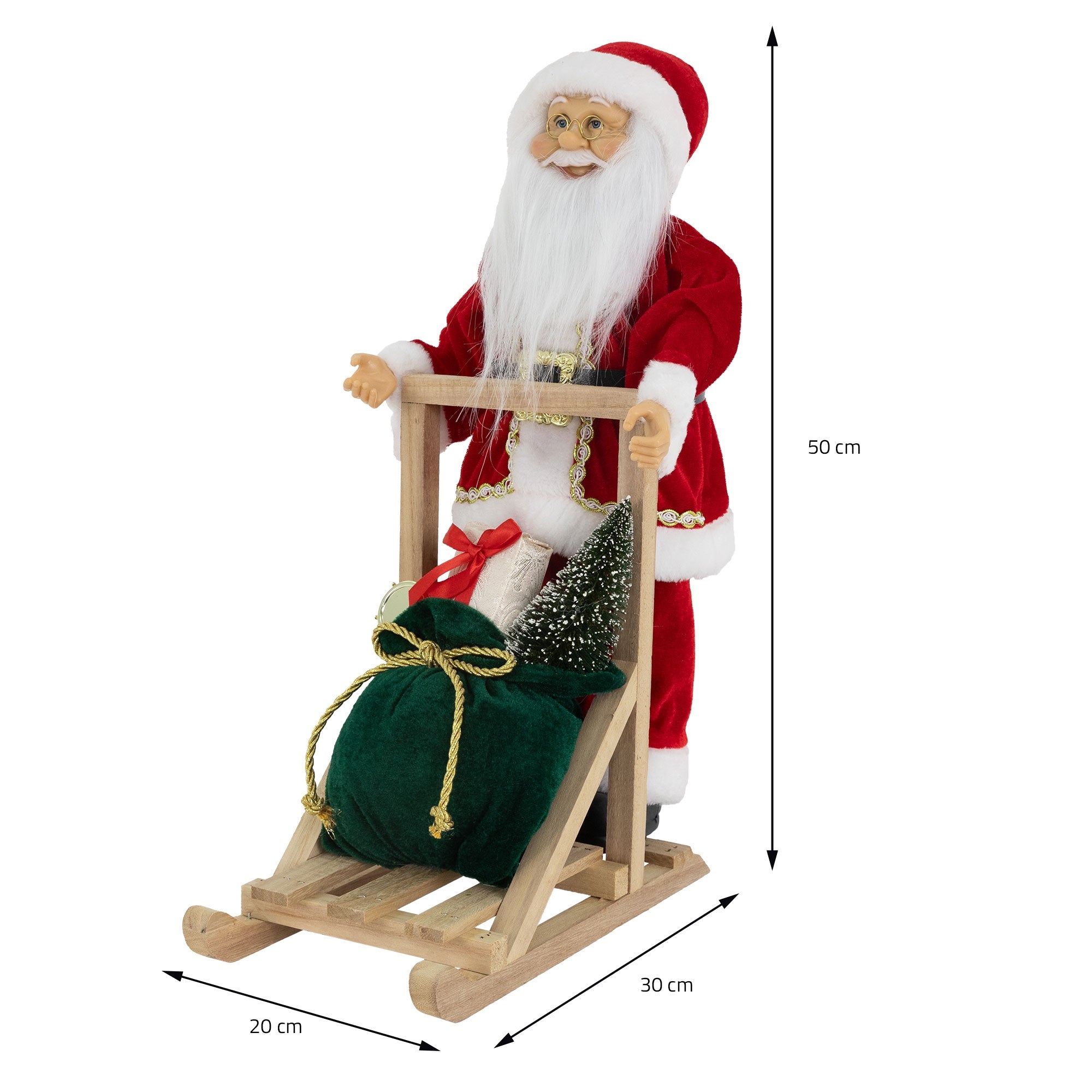 Eine Weihnachtsmannfigur auf einem Schlitten mit Maßen in cm.