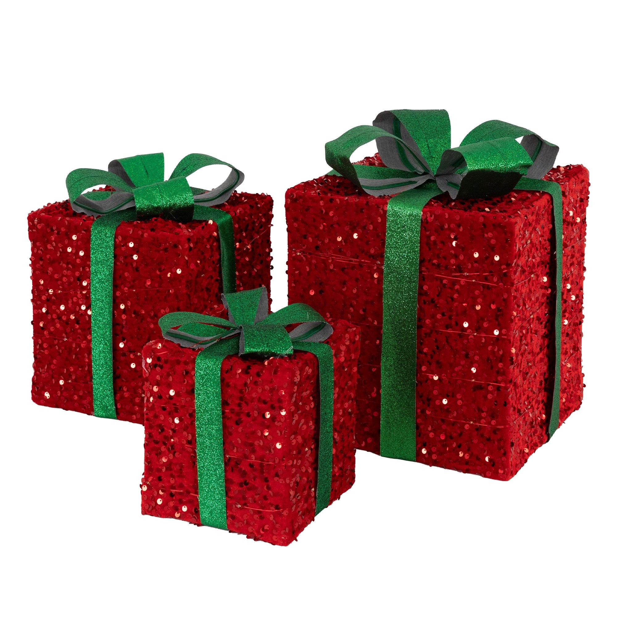 Drei rote Geschenkpäckchen mit grünen Schleifen.