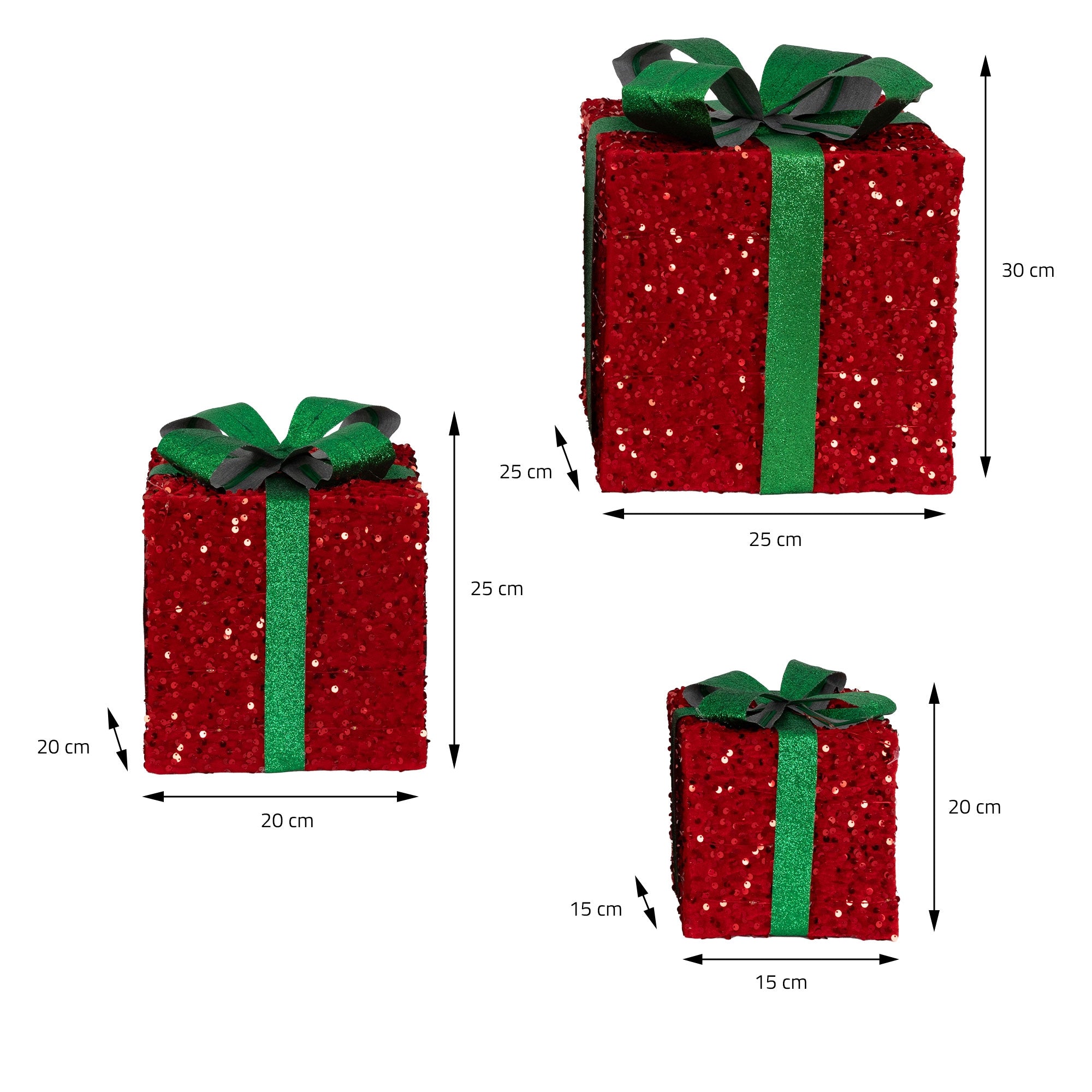 Drei rote Geschenkboxen mit grünen Schleifen in verschiedenen Größen.