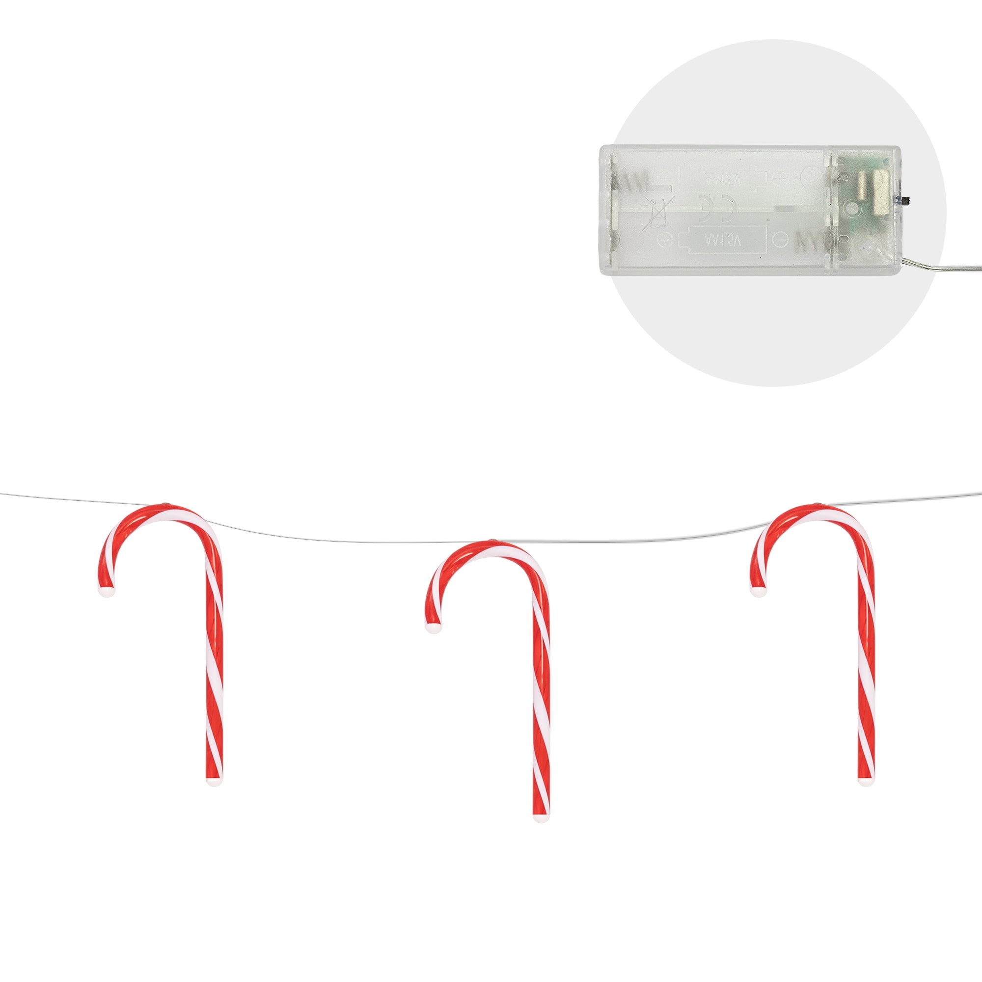 Draht mit Zuckerstangen, LED-Anschluss sichtbar, auf weißem Hintergrund.