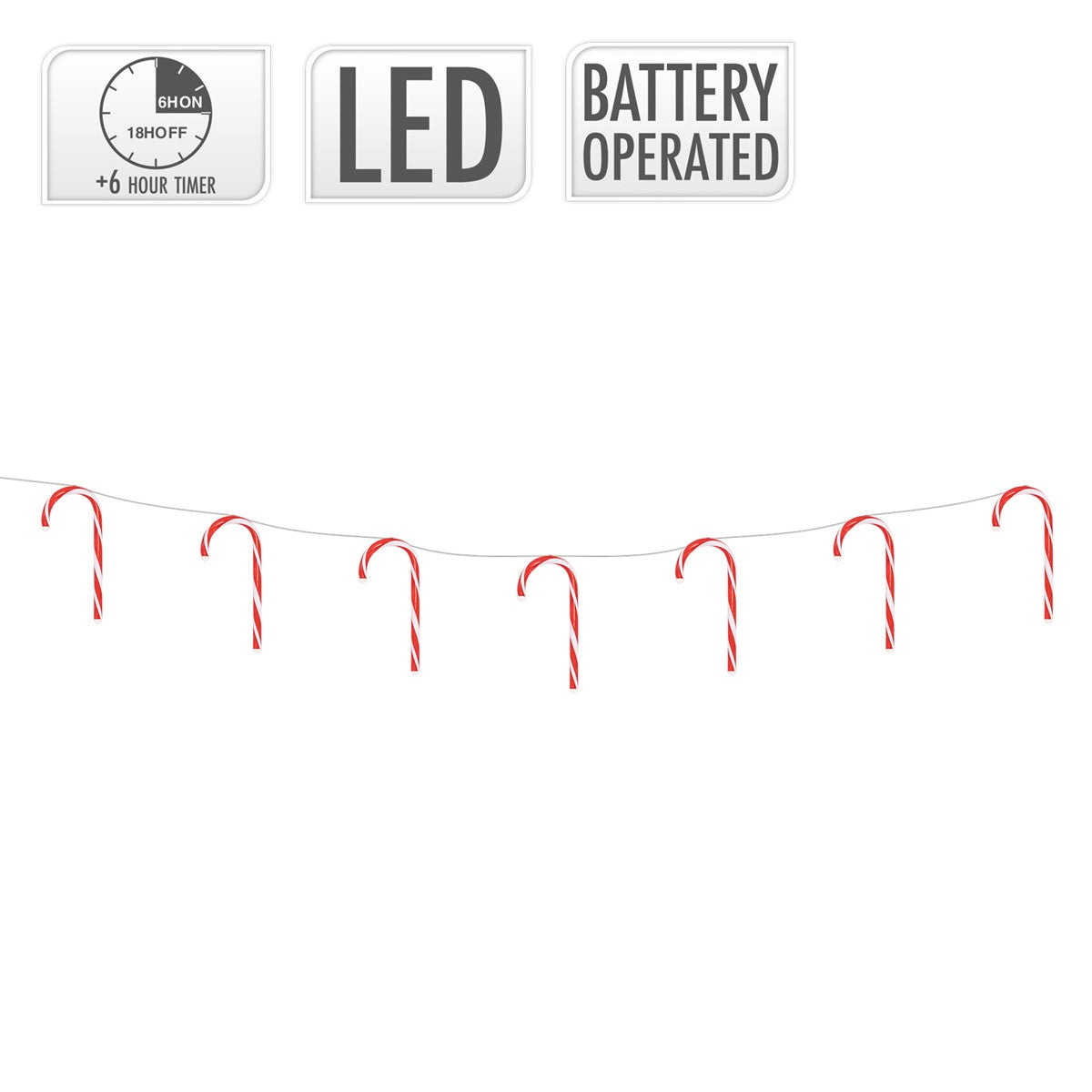 LED-Lichterkette mit rot-weißen Zuckerstangen.