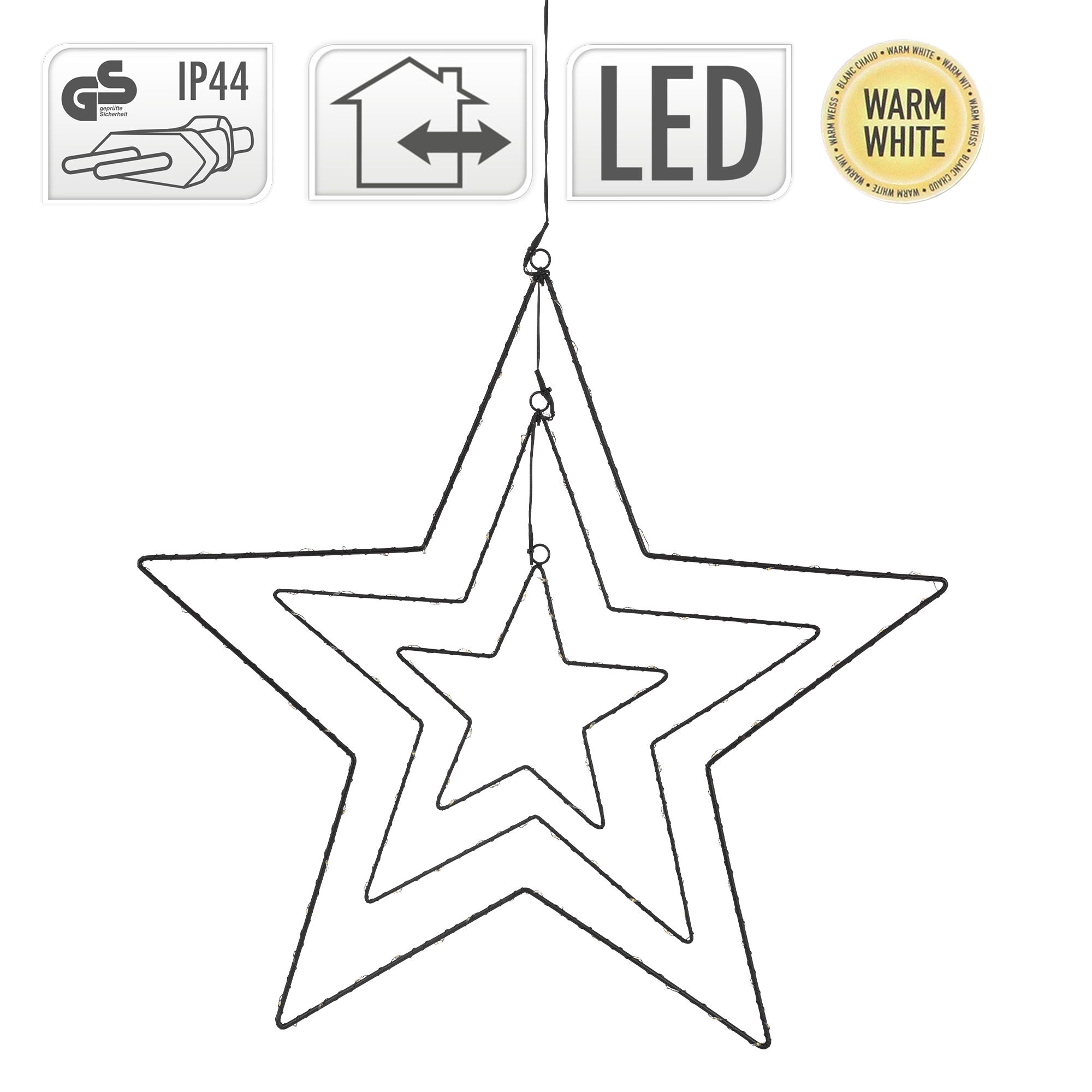 Technische Symbole für eine LED-Sternleuchte mit IP44 Schutzklasse.