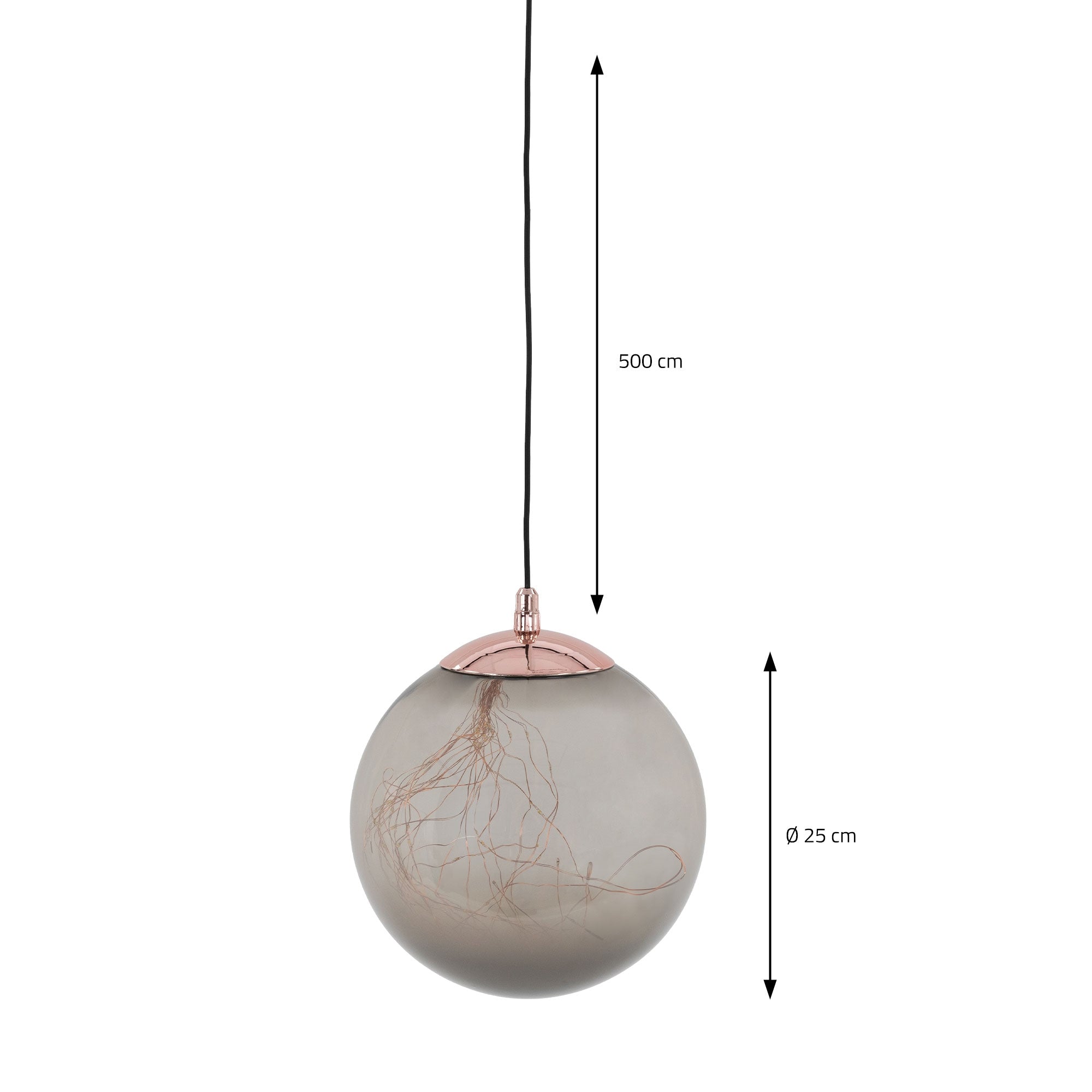 Eine große, runde Lampe mit feinen Drähten, hängend an einem Kabel.