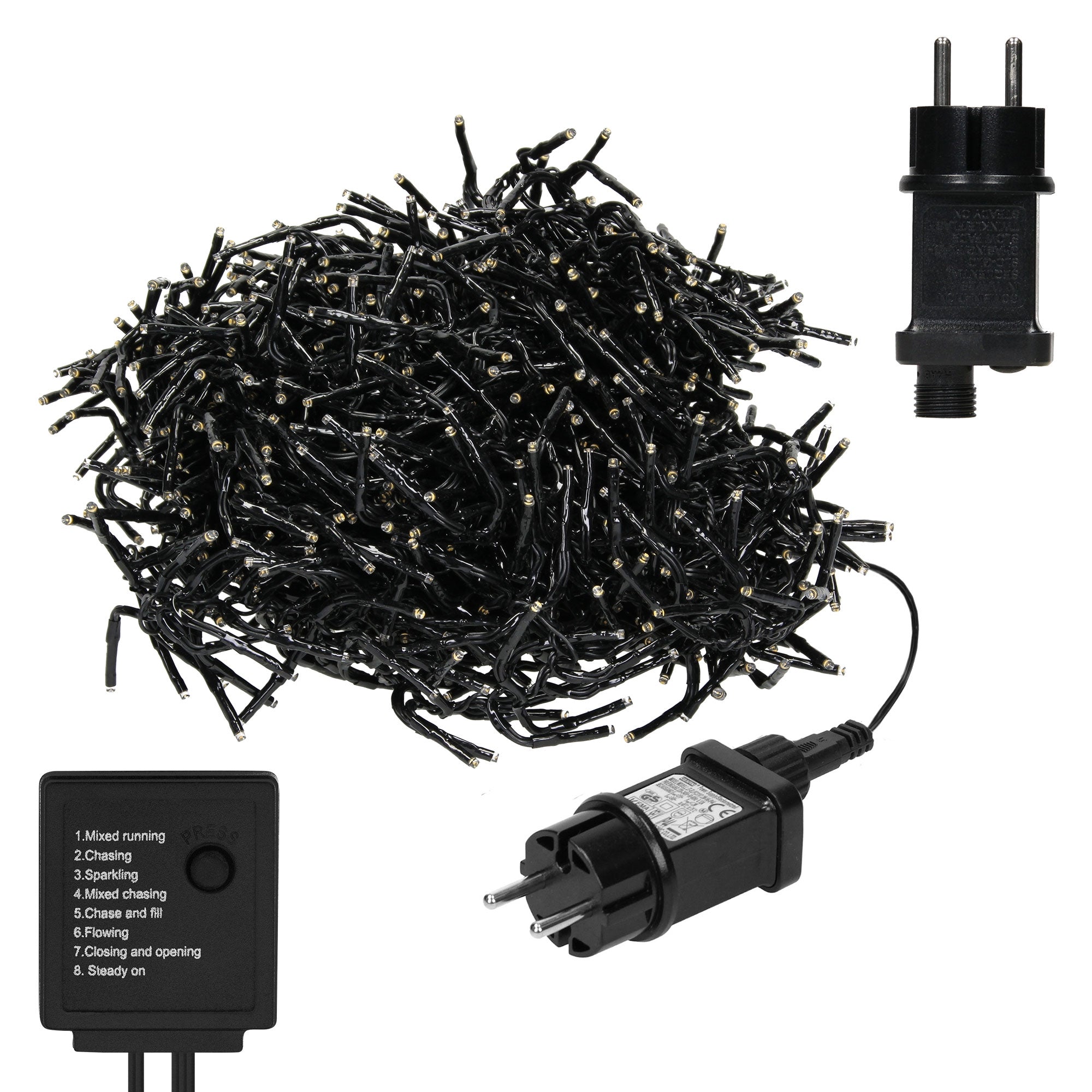 Ein Haufen schwarzer Lichterkabel mit Stecker und Steuergerät.