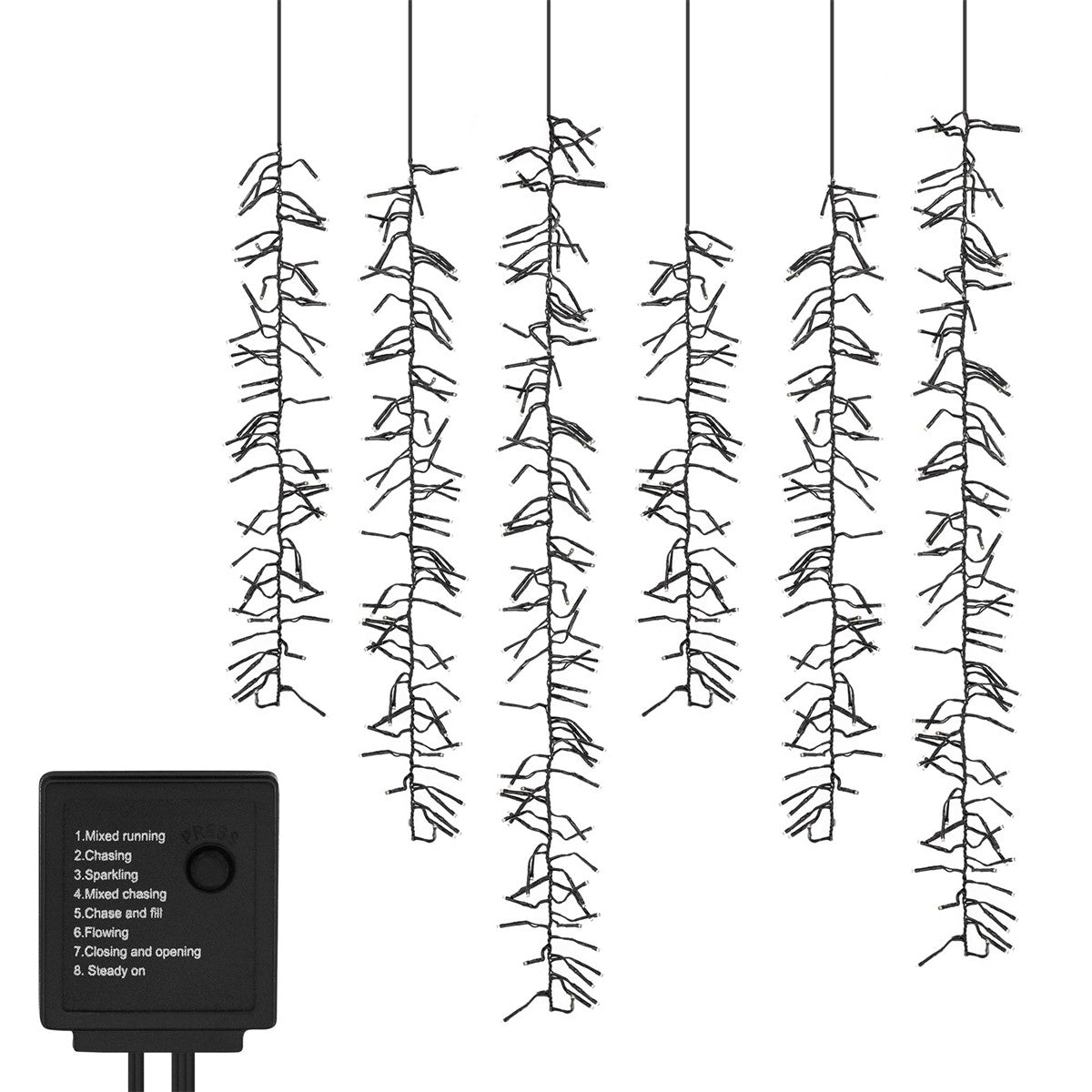 LED-Lichtervorhang mit Steuergerät und verschiedenen Funktionen.