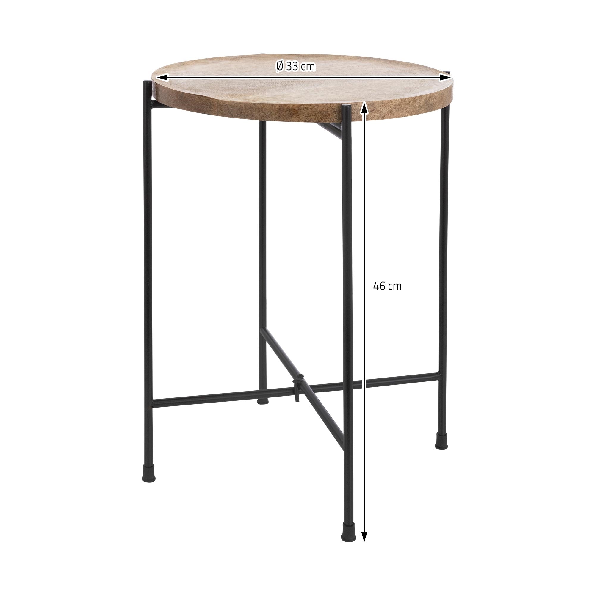 Kerek asztal fából készült lappal és fekete fém lábakkal, méretek: Ø 33 cm, magasság 46 cm.