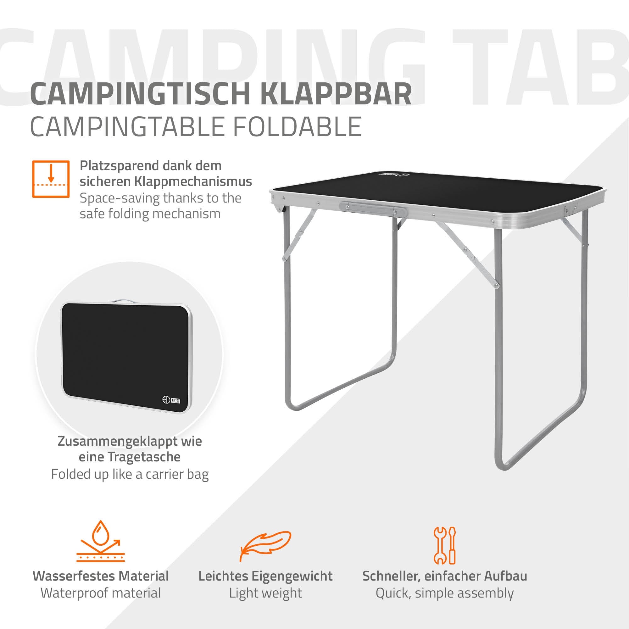 Klappbarer Campingtisch in Schwarz mit Tragefunktion und leichtem Gewicht.