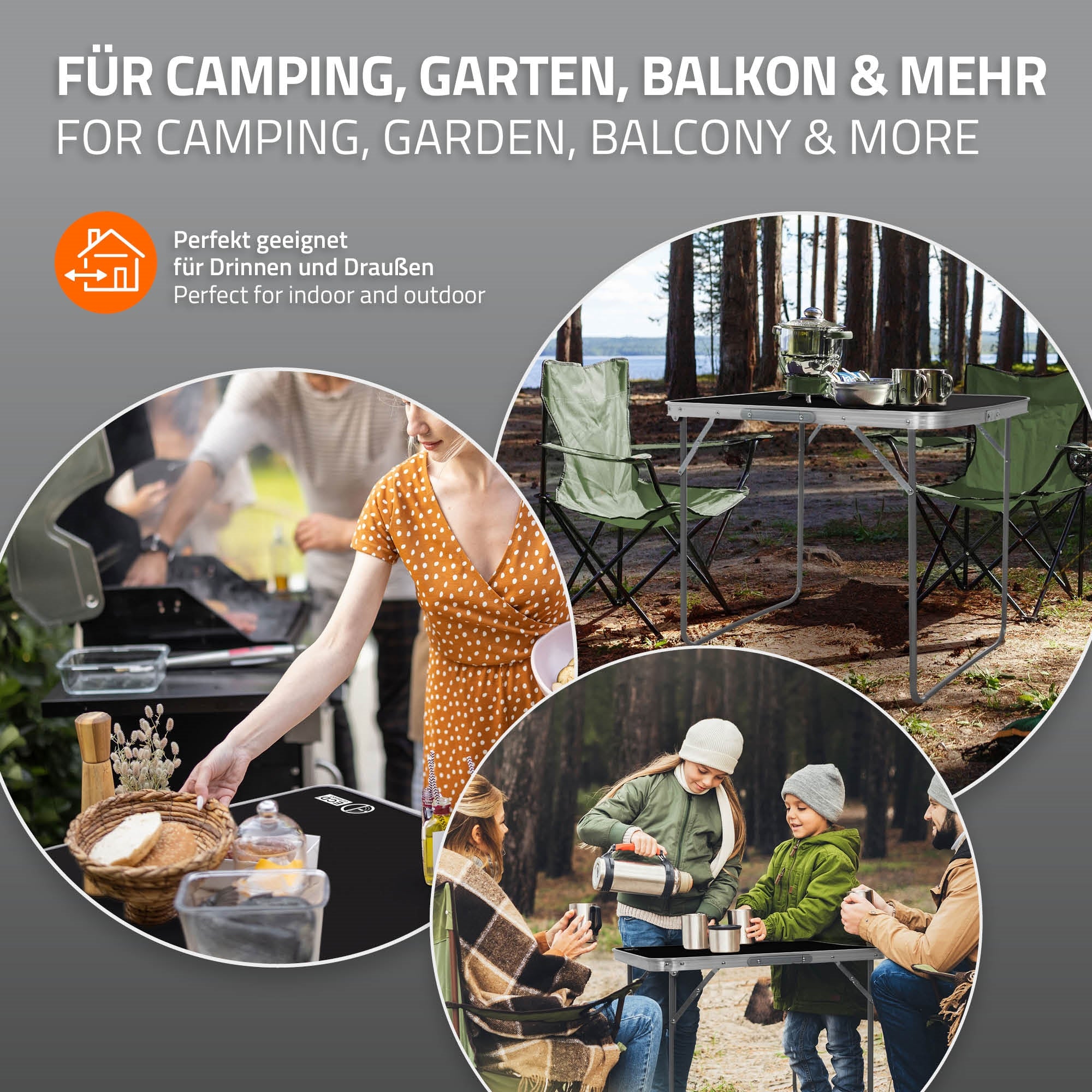 Tisch mit Campingutensilien, Stühlen und Töpfen im Freien, umgeben von Bäumen.