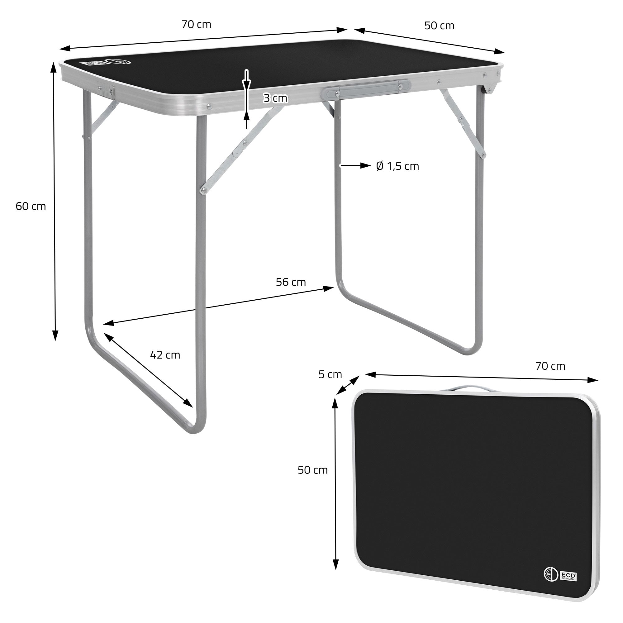 Klappbarer Campingtisch in Schwarz mit Maßen und zusammengeklapptem Zustand.