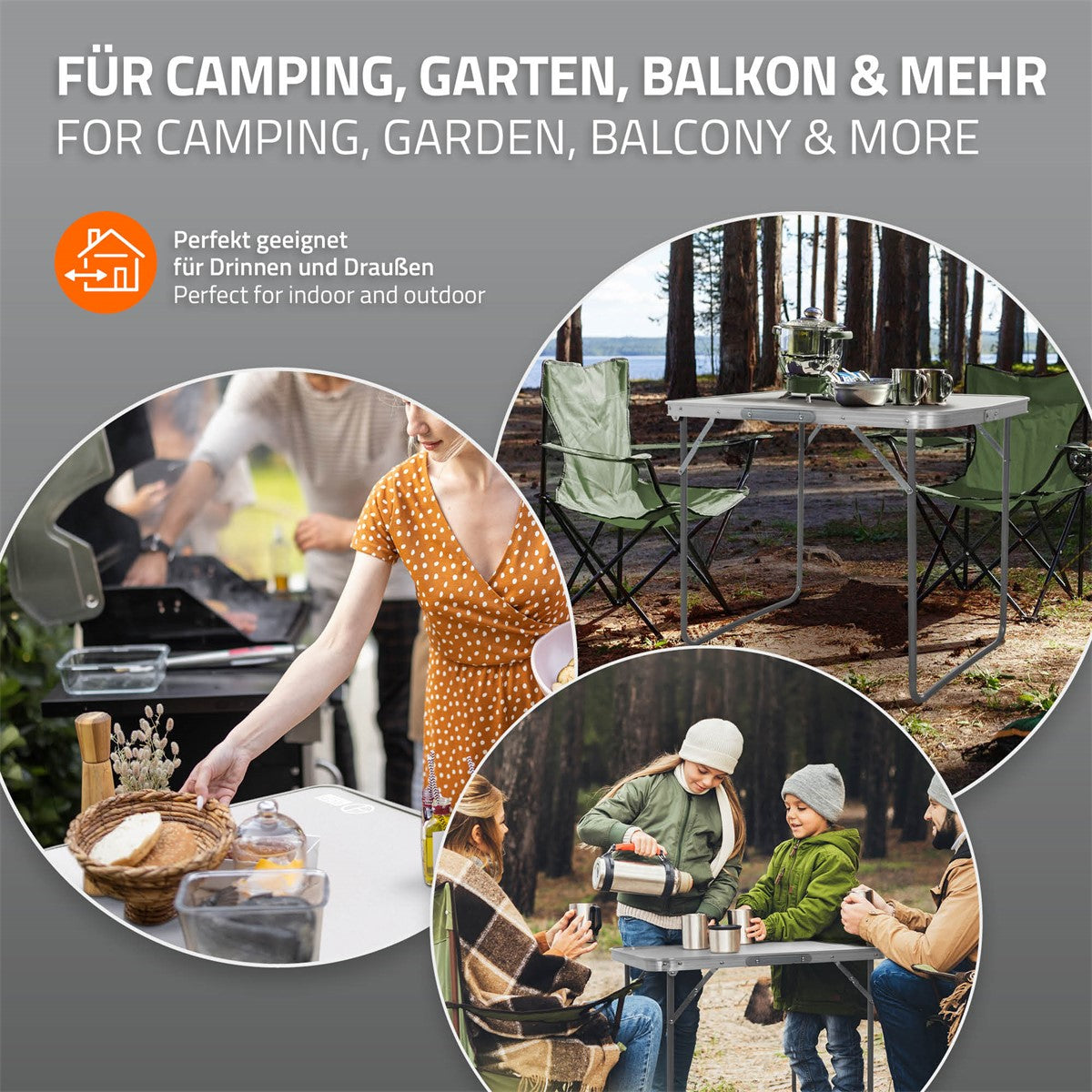Bord med campingutrustning, stolar och kastruller utomhus, omgivet av träd.
