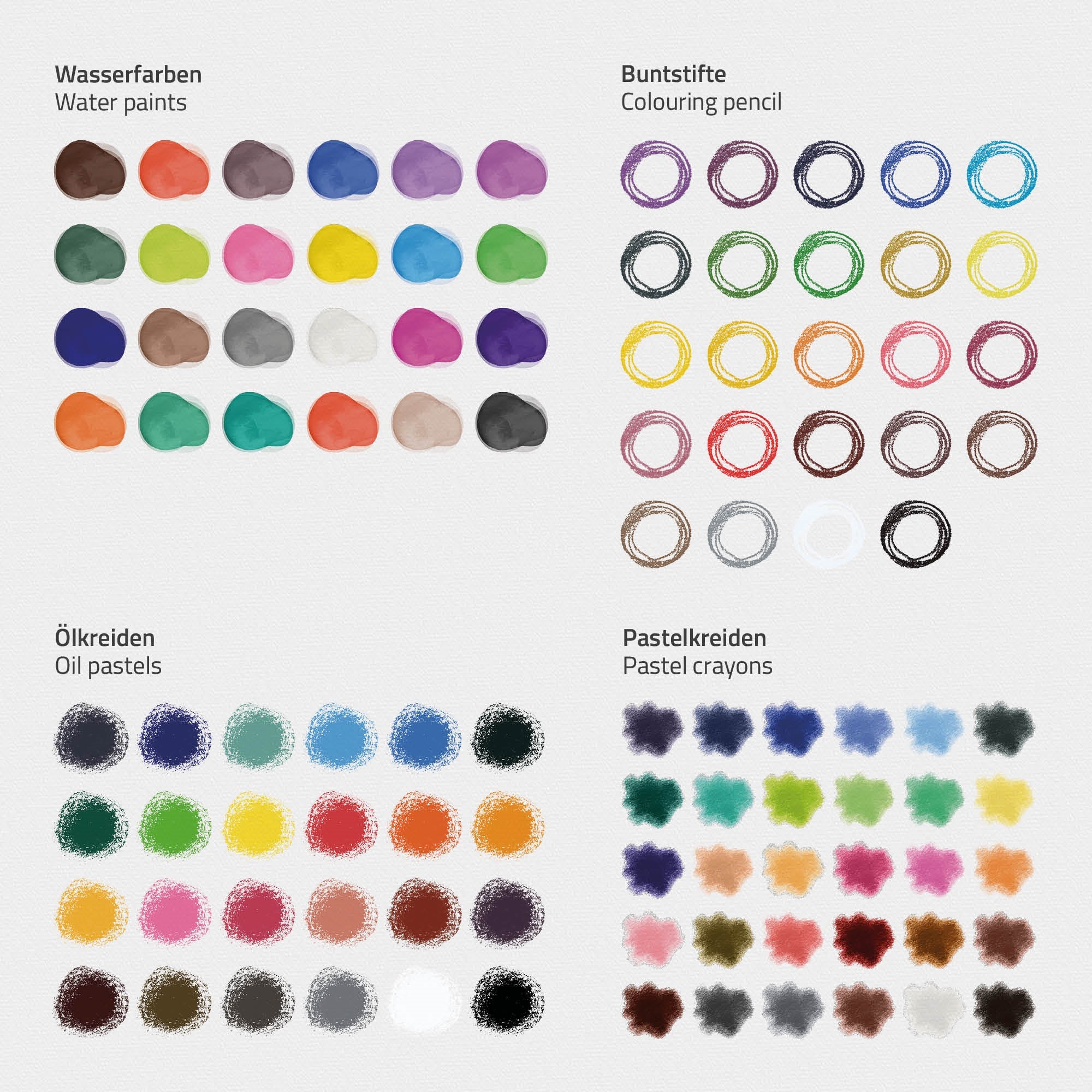 Colores y lápices en varias categorías, dispuestos sobre un fondo claro.