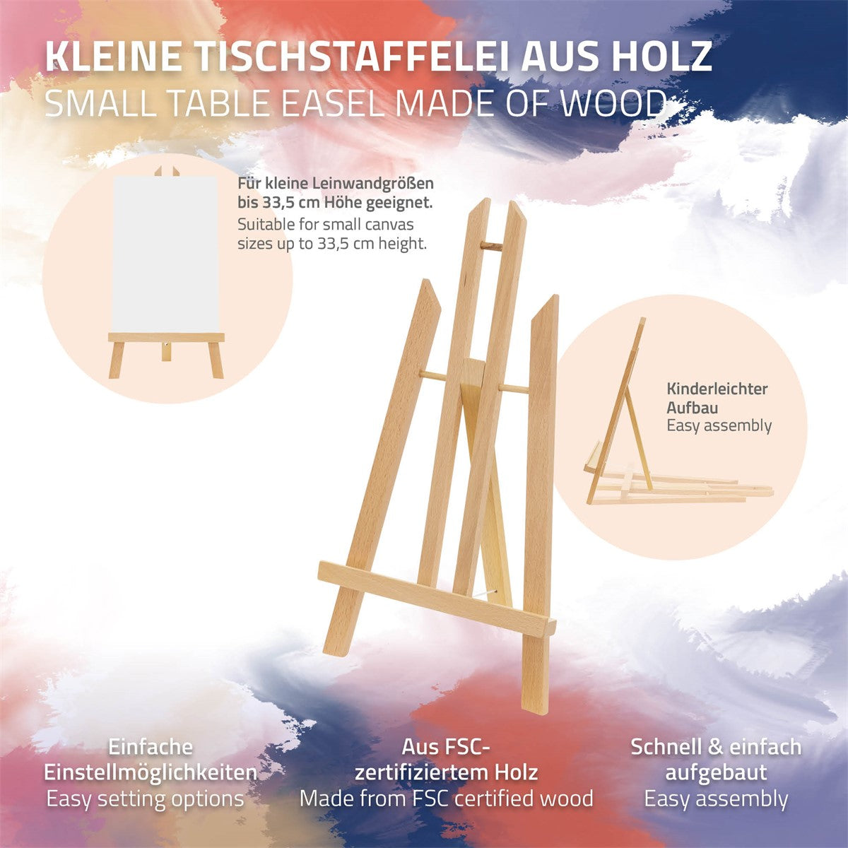 Holzstaffelei für kleine Leinwände, mit einfacher Montage.