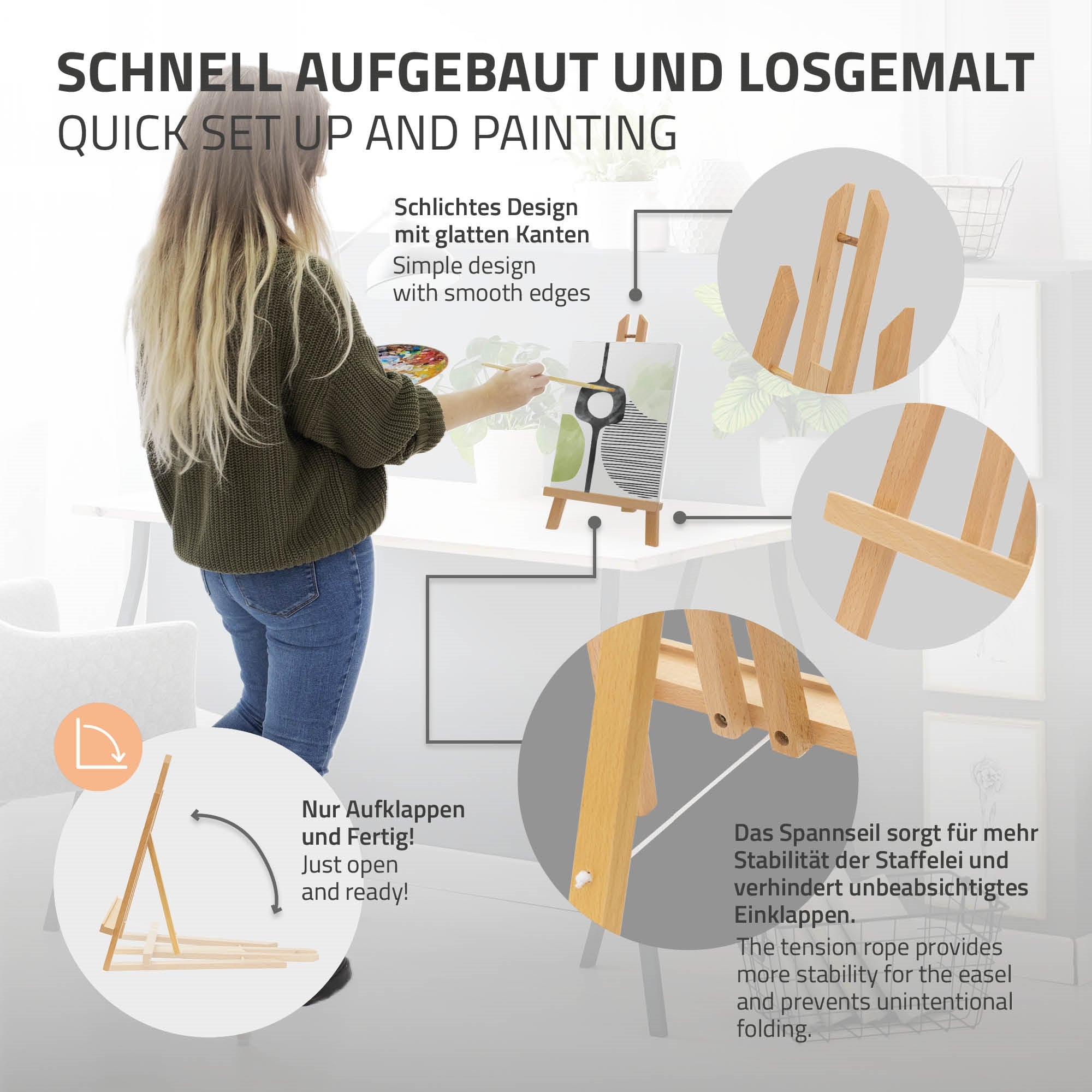 Eine Person stellt eine Staffelei auf und bereitet sich zum Malen vor.