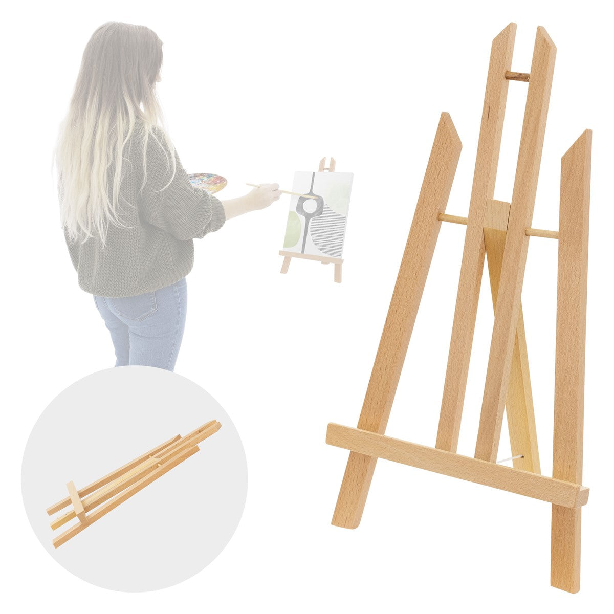 Holzstaffelei mit einer Person, die ein Bild malt, im Hintergrund.