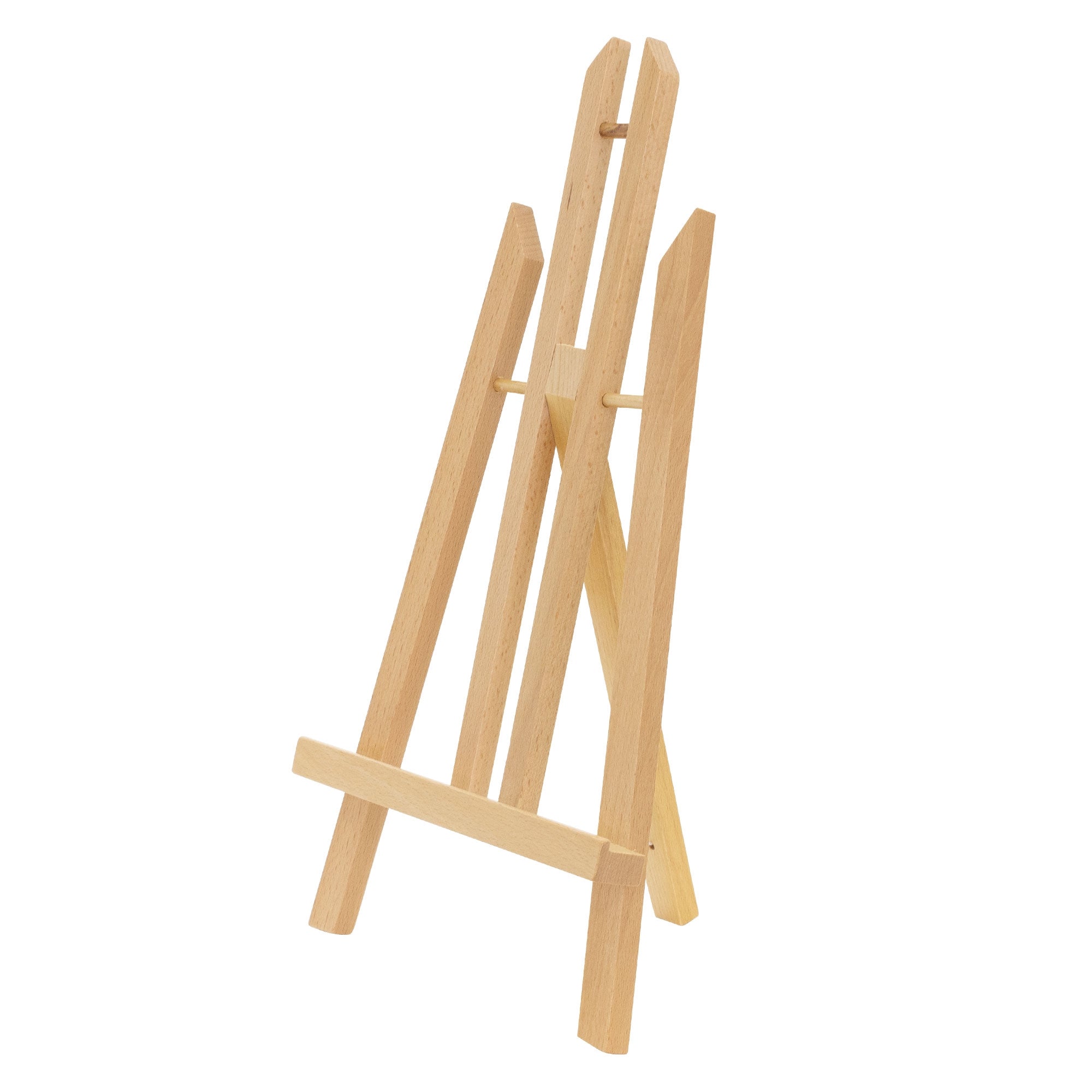 Ein Holzstaffelei in aufrechter Position, auf einem weißen Hintergrund.
