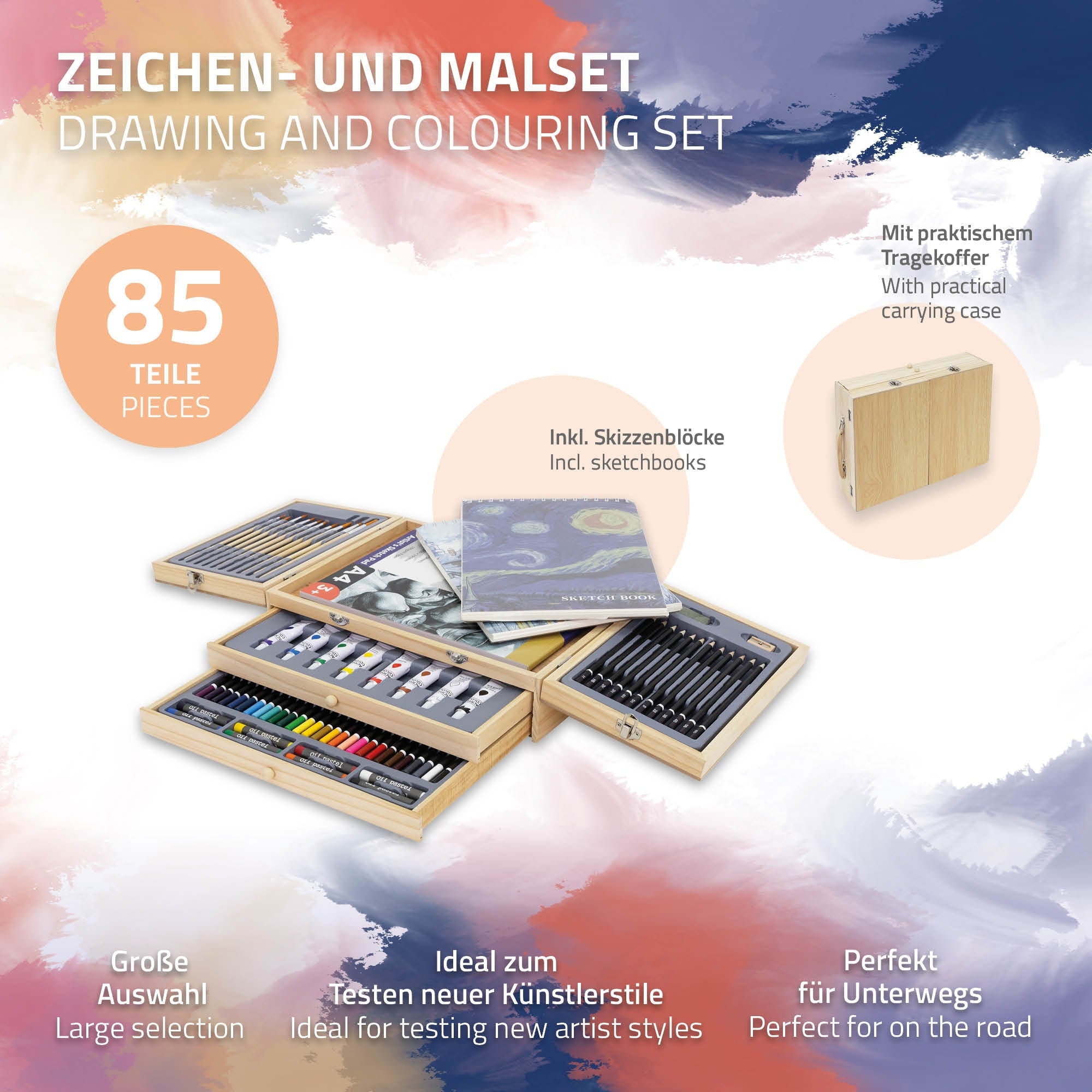 Ein Zeichen- und Malset in einem Holztragekoffer mit verschiedenen Kunstmaterialien.