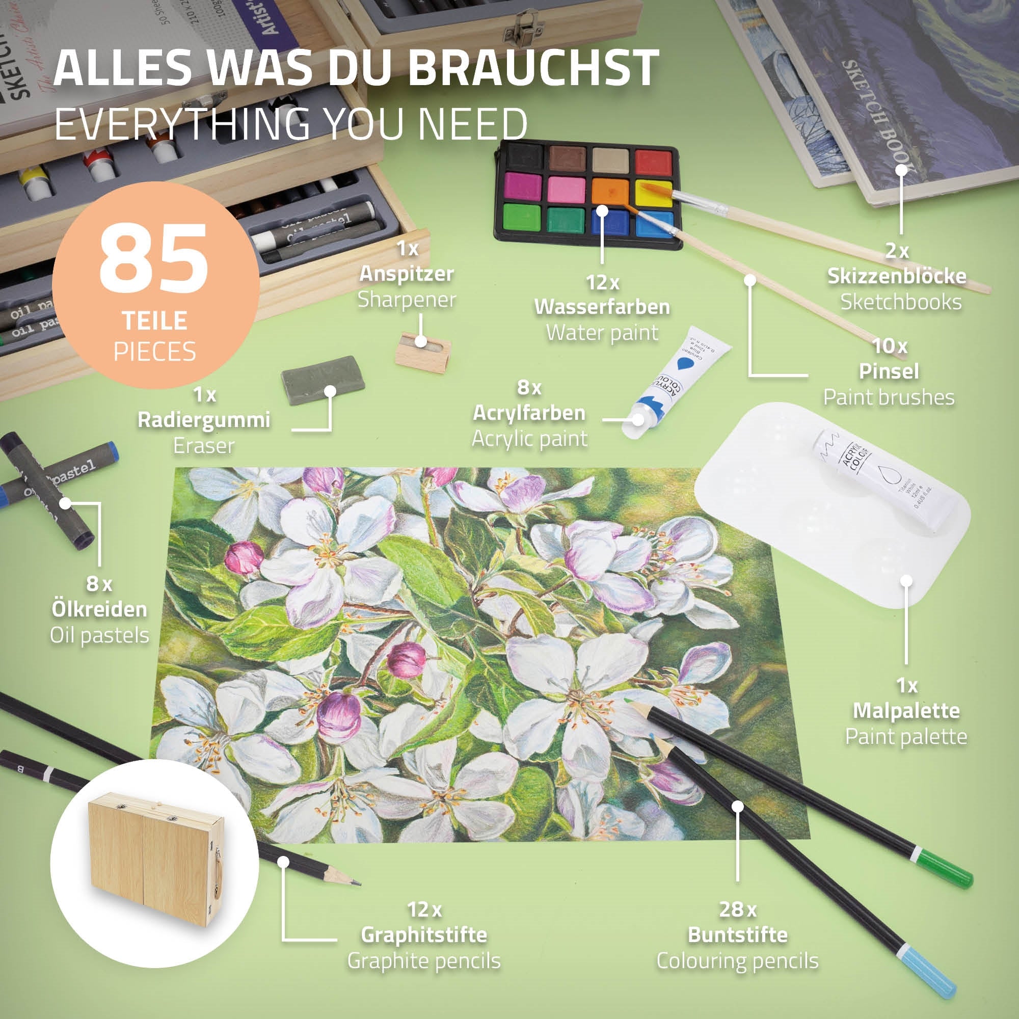 Holzkasten mit Malutensilien, darunter ein Blatt mit Blumenzeichnung.