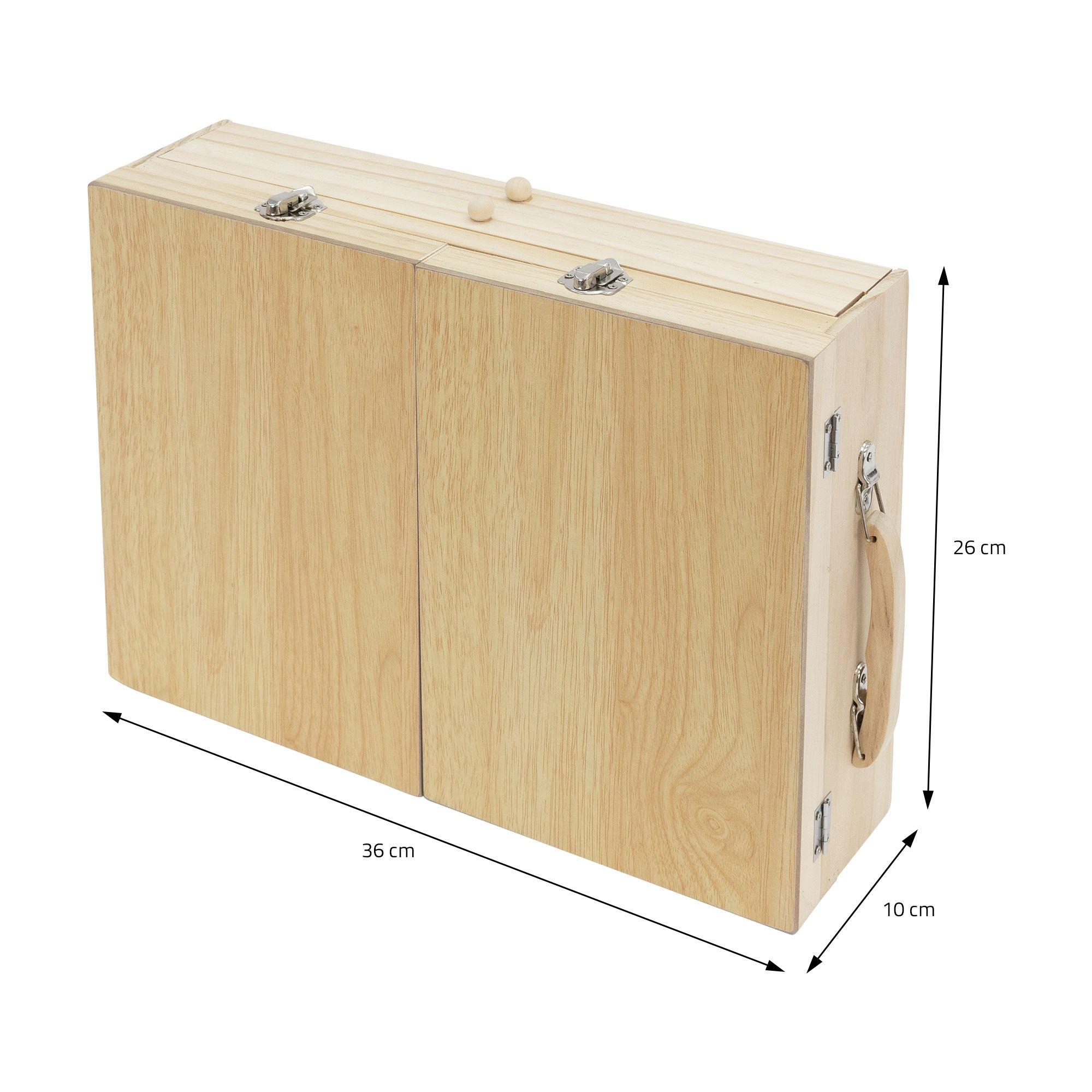 Holzkasten mit Maßen, geschlossen, mit einem Griff.
