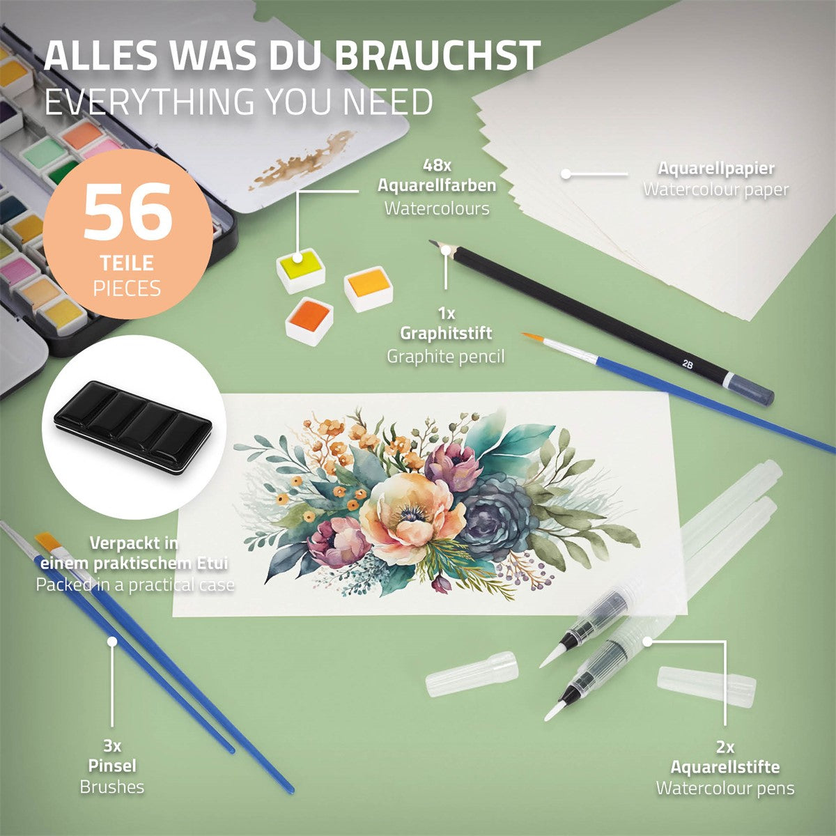 Set mit Aquarellfarben, Pinsel und Papier in einer praktischen Verpackung.