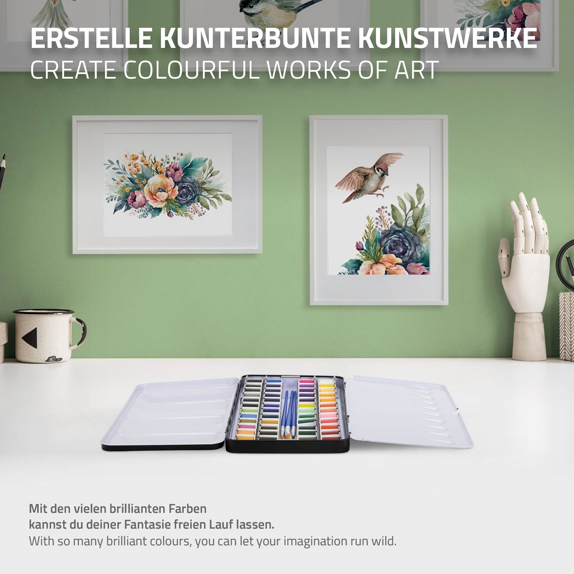 Open box with colorful pens and pictures on the wall in the background.