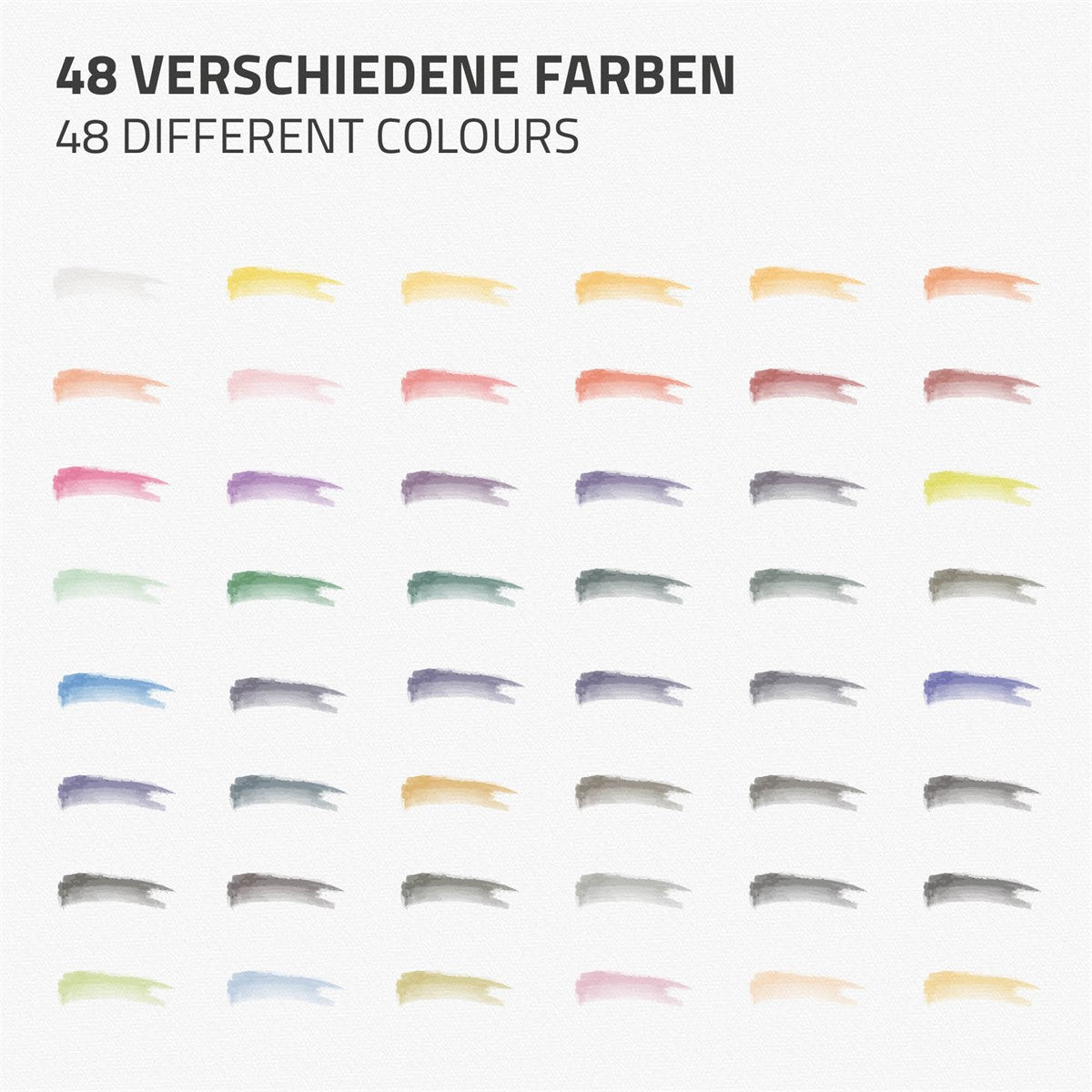 48 verschiedene Farbstreifen in verschiedenen Farben auf weißem Hintergrund.