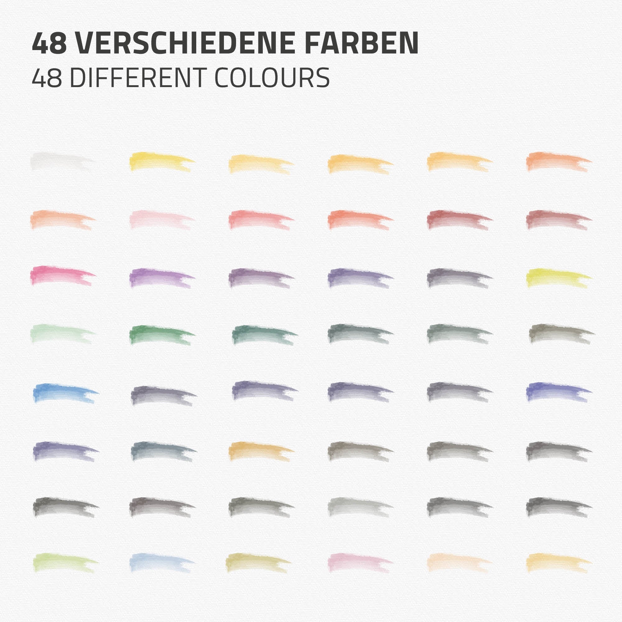 48 different color strips in various colors on a white background.