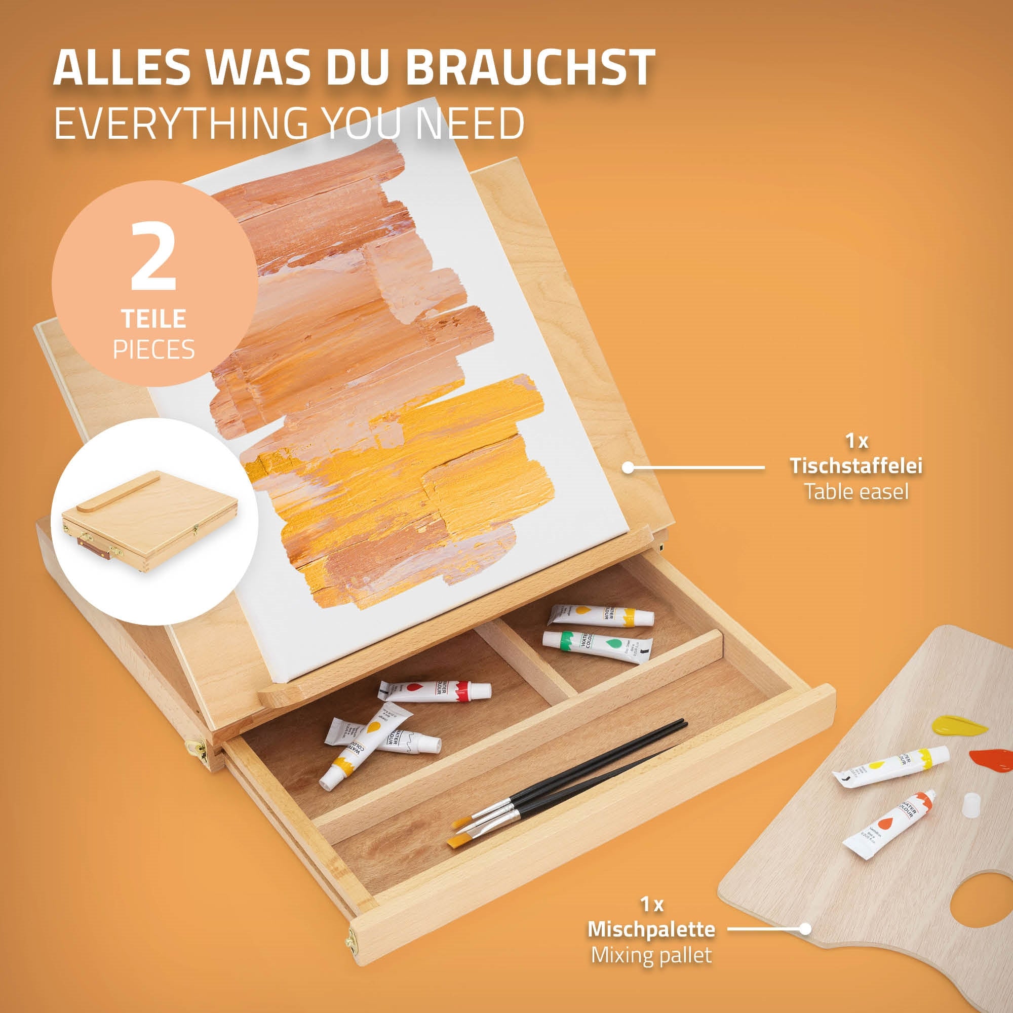 Tischstaffelei und Mischpalette auf einem orangefarbenen Hintergrund.