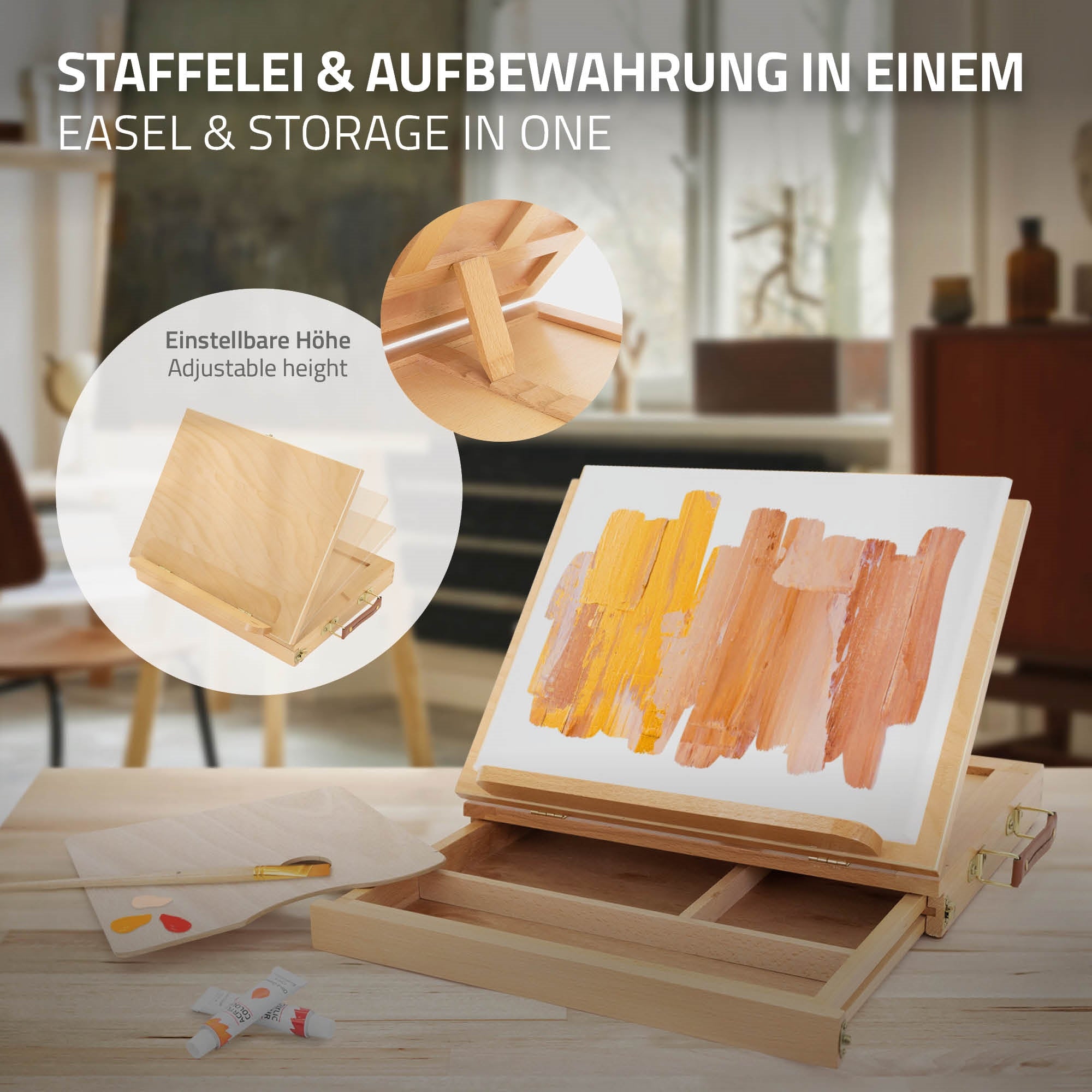 Holzstaffelei mit einem Gemälde und Stauraum für Farben.