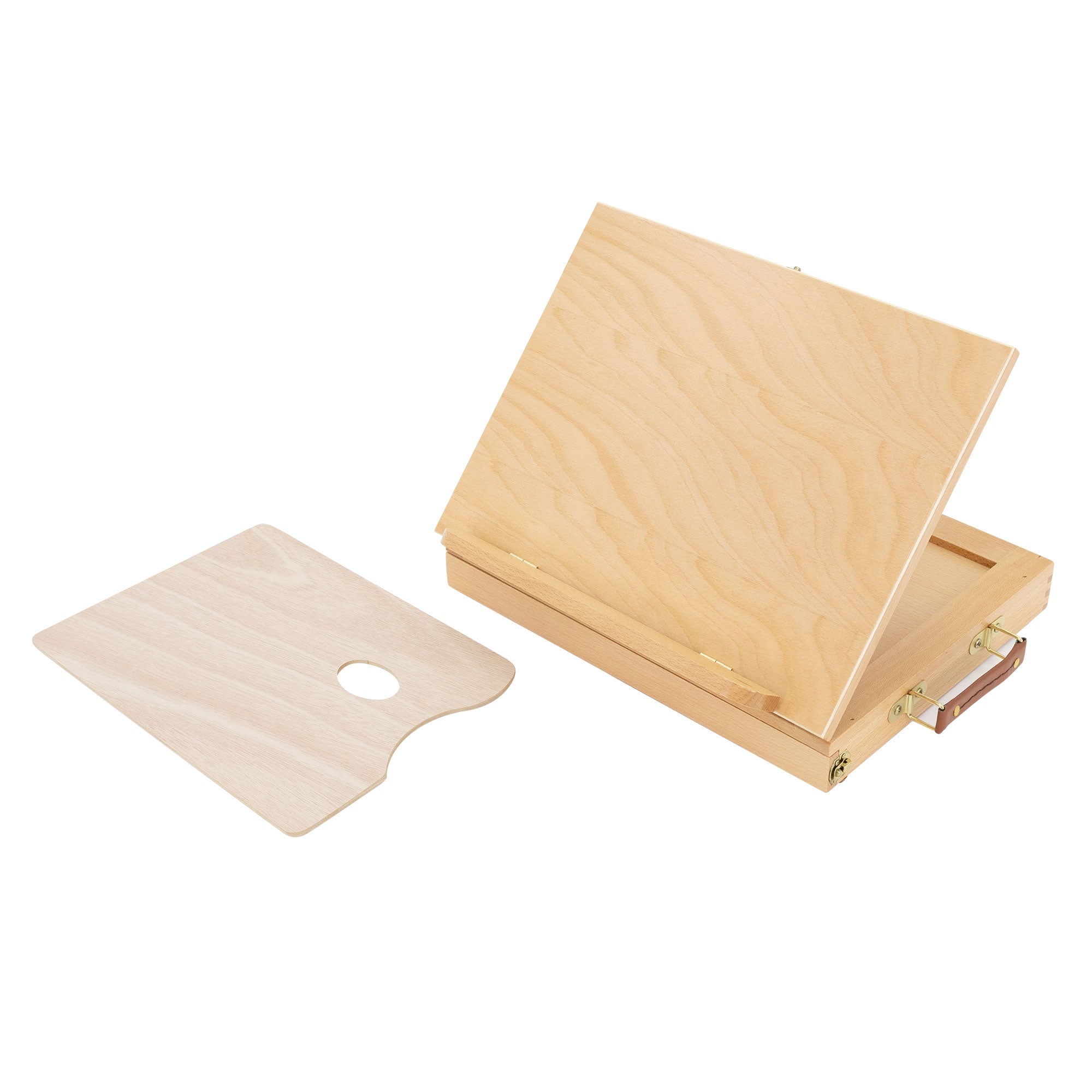 Offene Holzmalerkiste mit Palette und Platz für Farben.