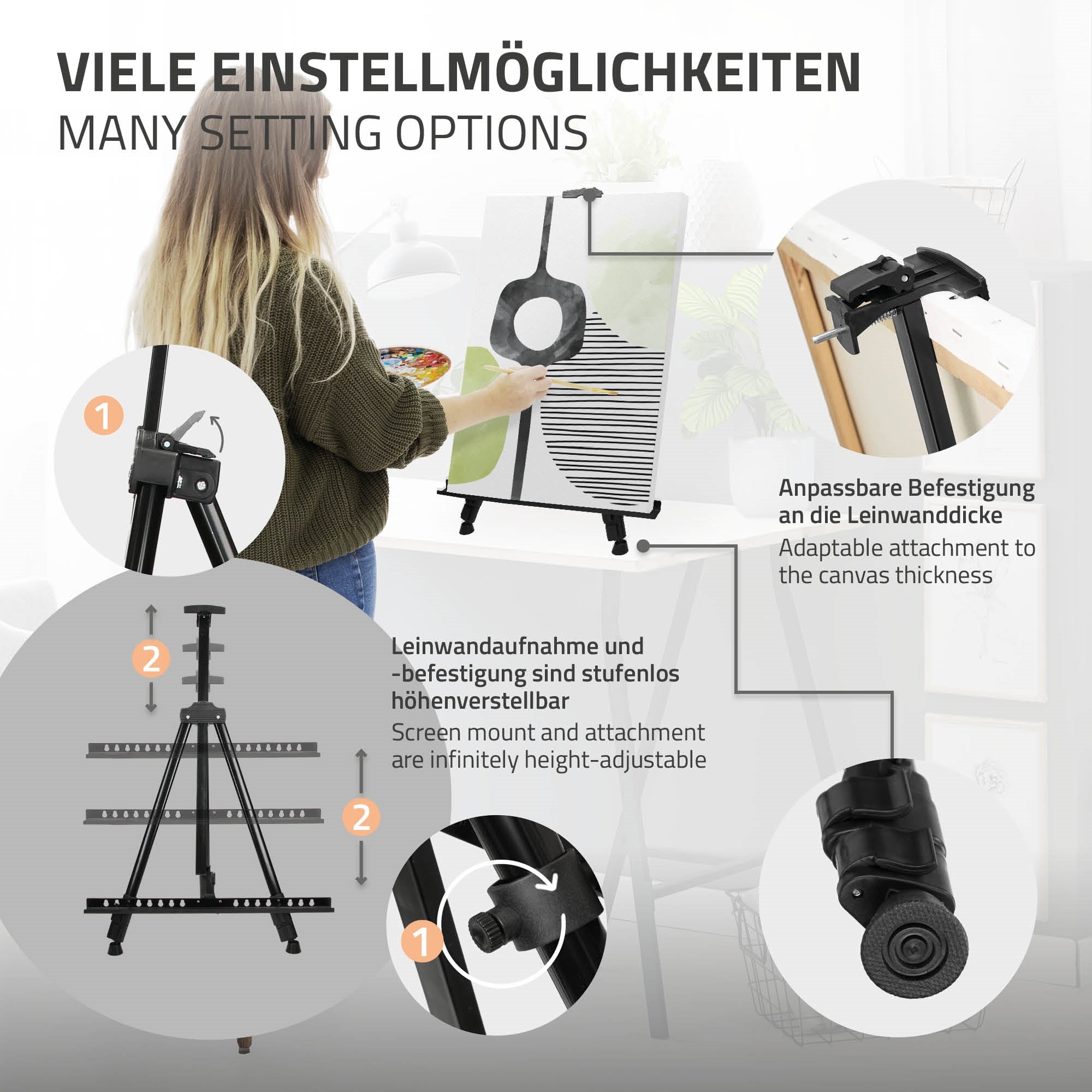 Holzstaffelei mit Schublade und einer Künstlerin beim Malen.