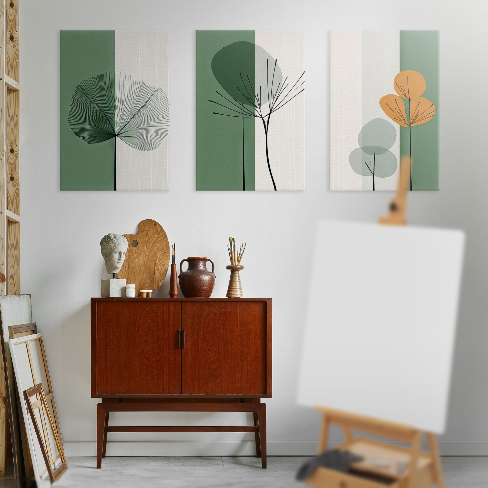Tres cuadros de pared con motivos de plantas sobre un armario de madera.