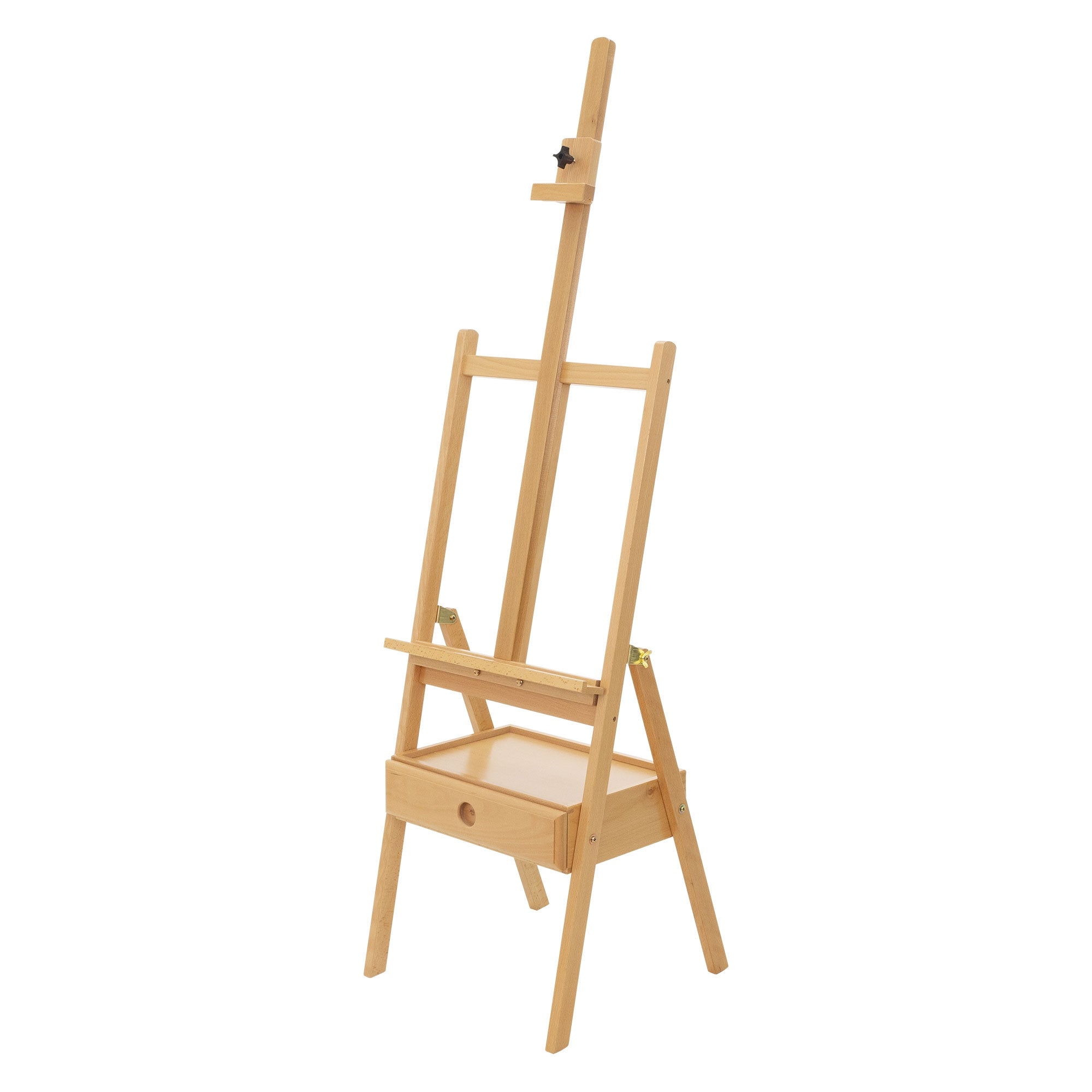 Caballete de madera con estante y soporte ajustable para lienzos.