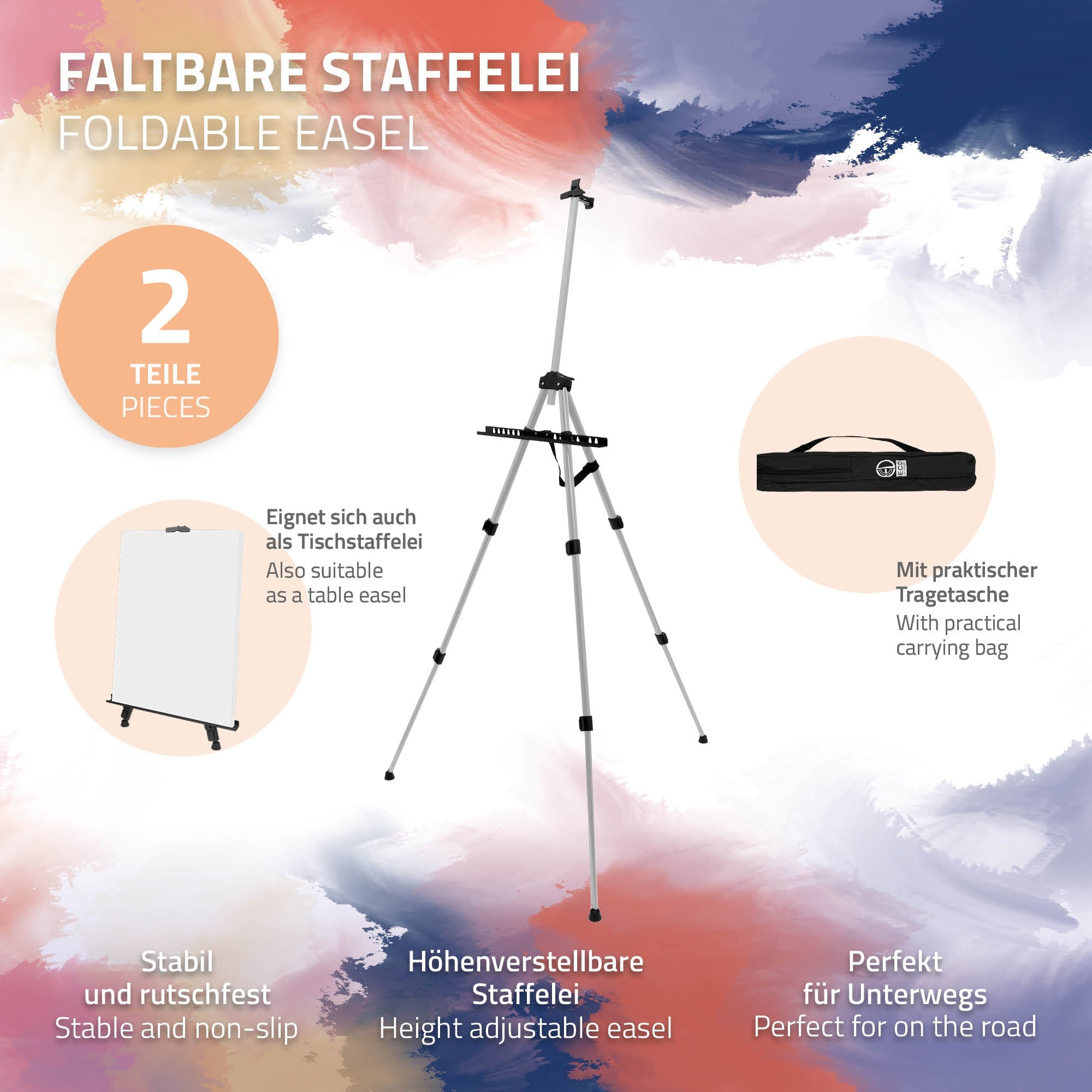 Faltbare Staffelei mit zwei Teilen und praktischer Tragetasche.
