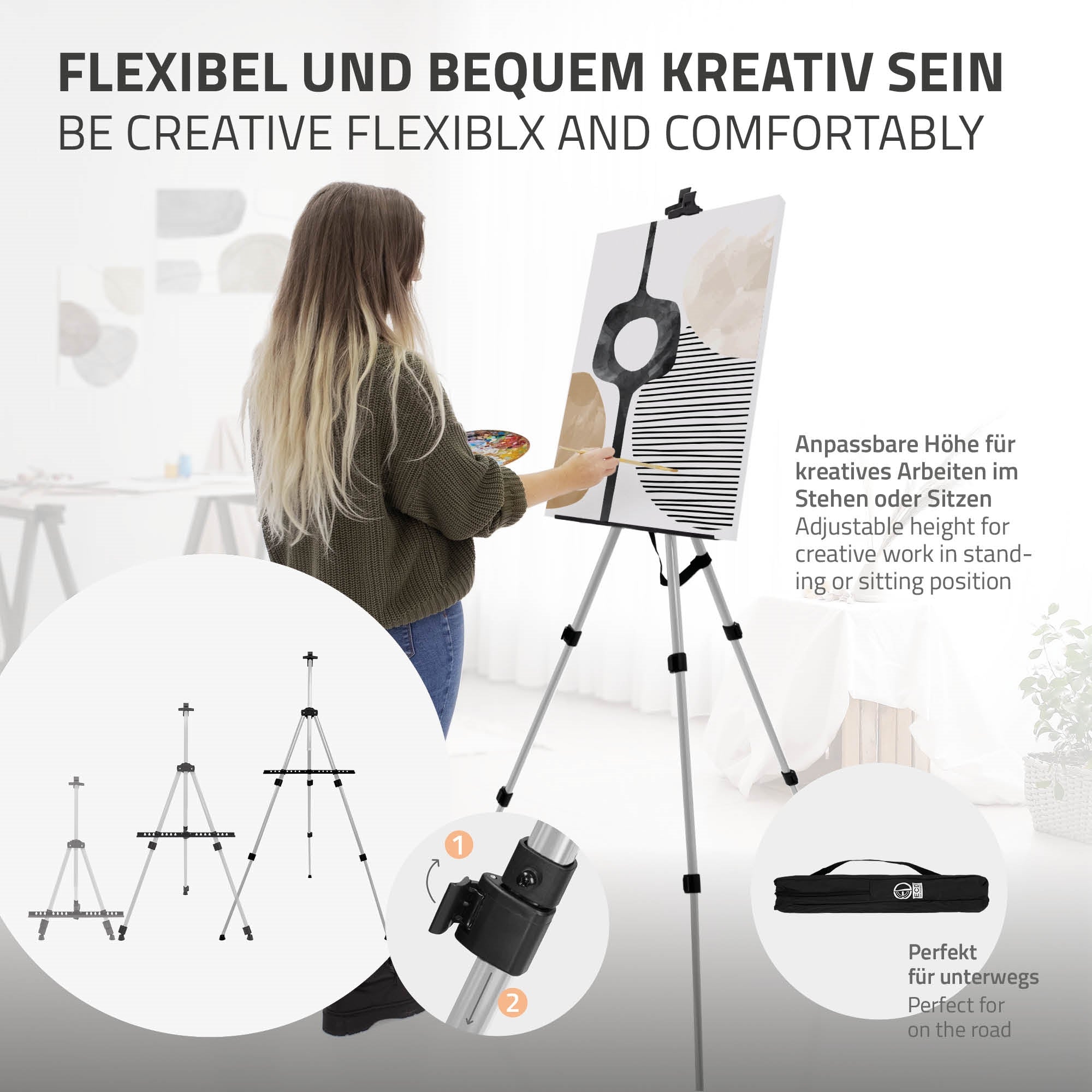 Person steht vor einer Staffelei und malt auf eine Leinwand.