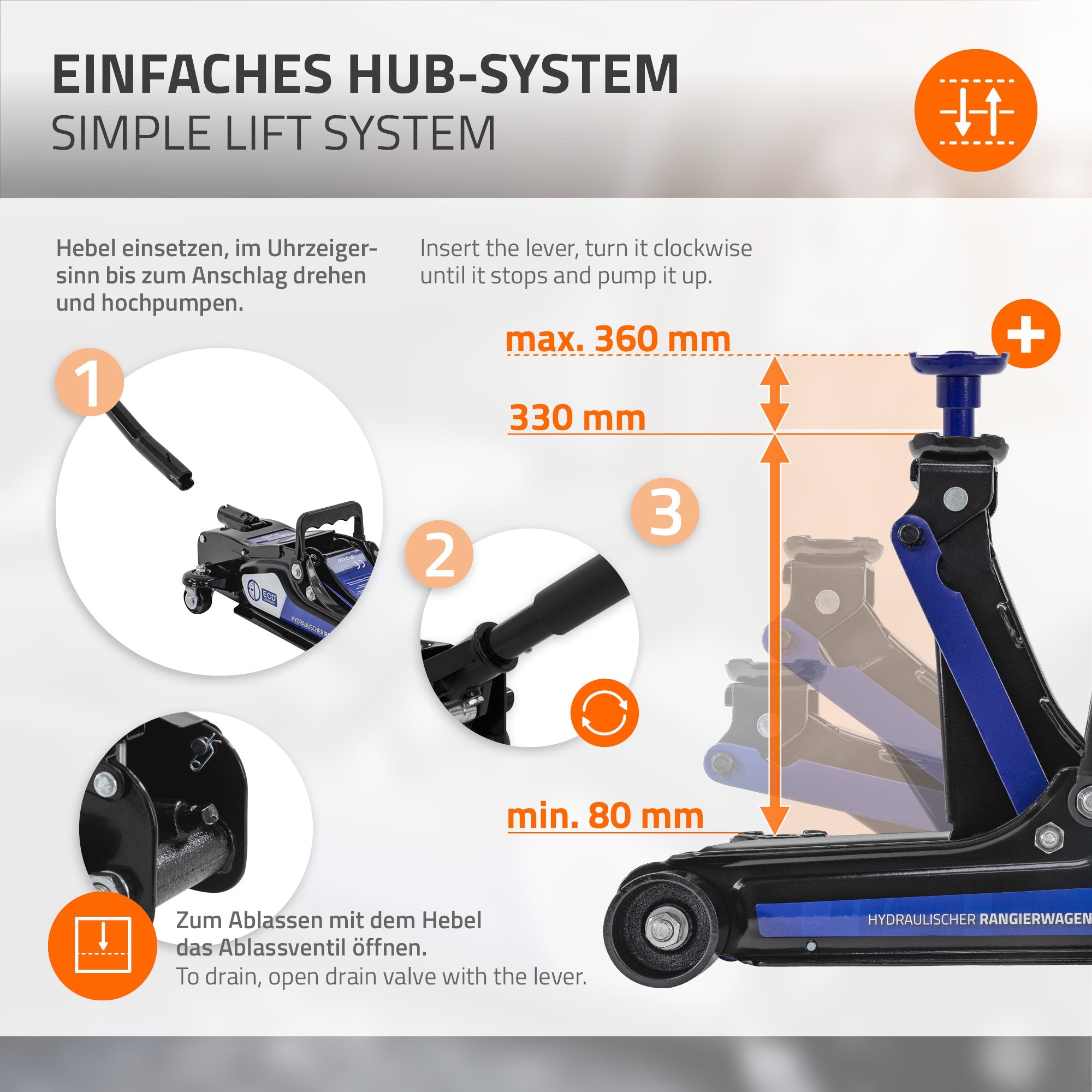 Diagramm eines hydraulischen Hubsystems mit Maßangaben.