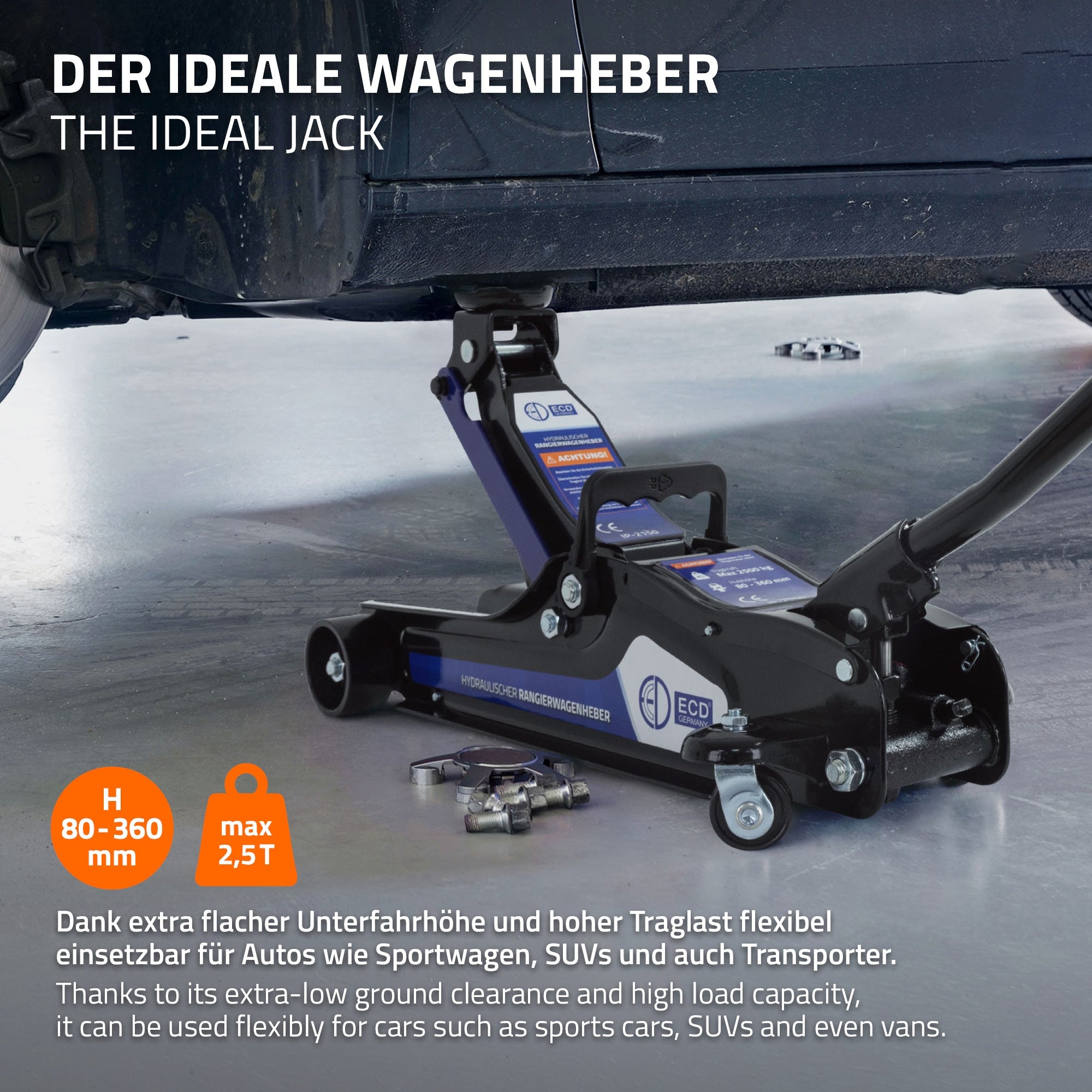 Wagenheber für Autos, einstellbare Höhe von 80 bis 360 mm, maximale Tragkraft 2,5 Tonnen.